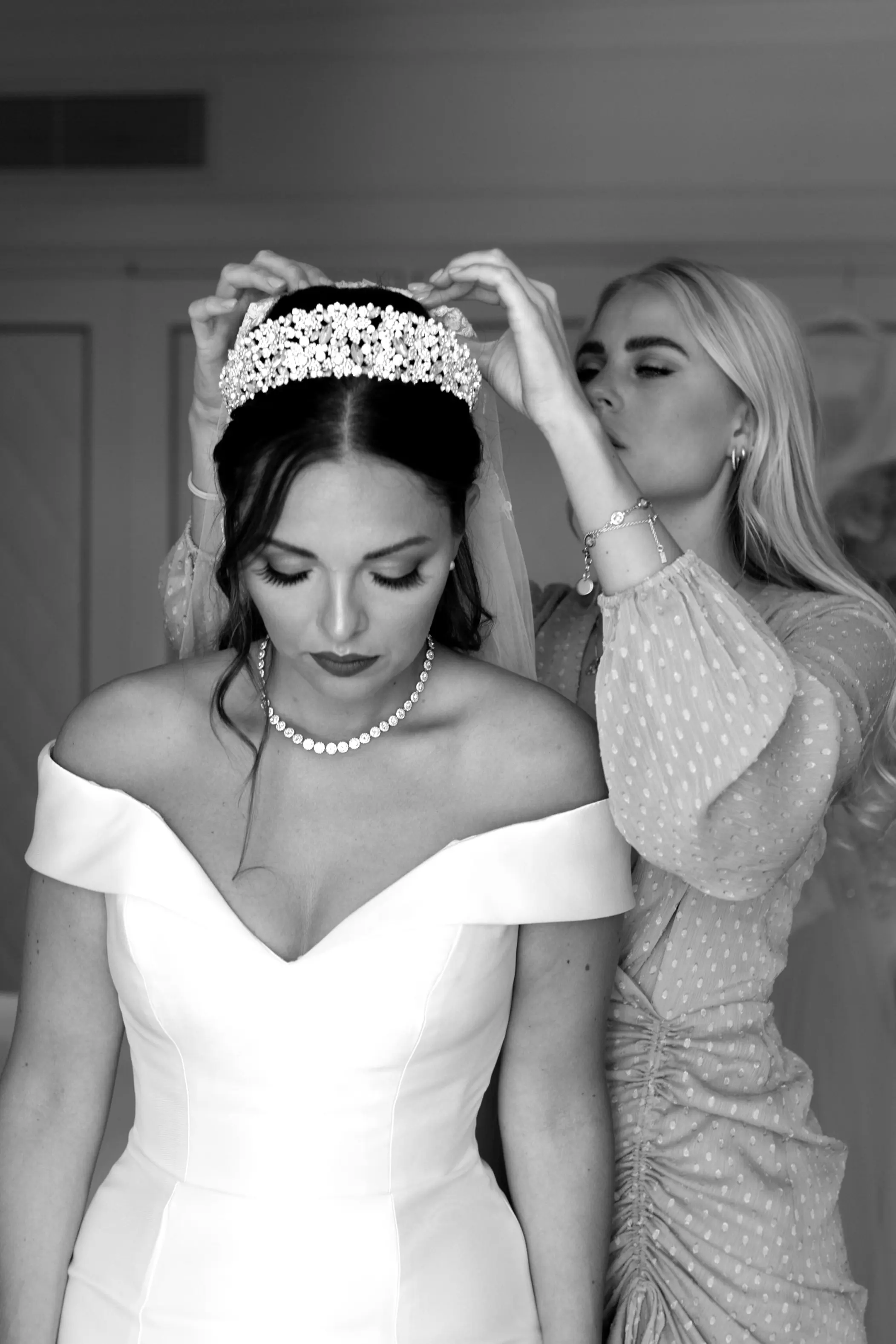 Bride Wearing Simple Off The Shoulder Fit And Flare Wedding Dress Josie By Rebecca Ingram