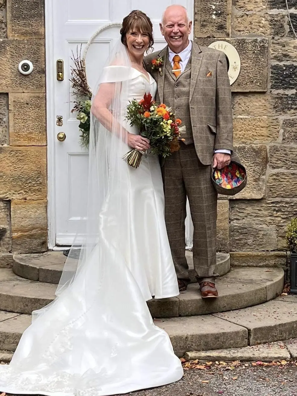 Real Bride in Off-the-Shoulder Fit-and-Flare Wedding Dress in Huron Mikado Called Josie by Rebecca Ingram