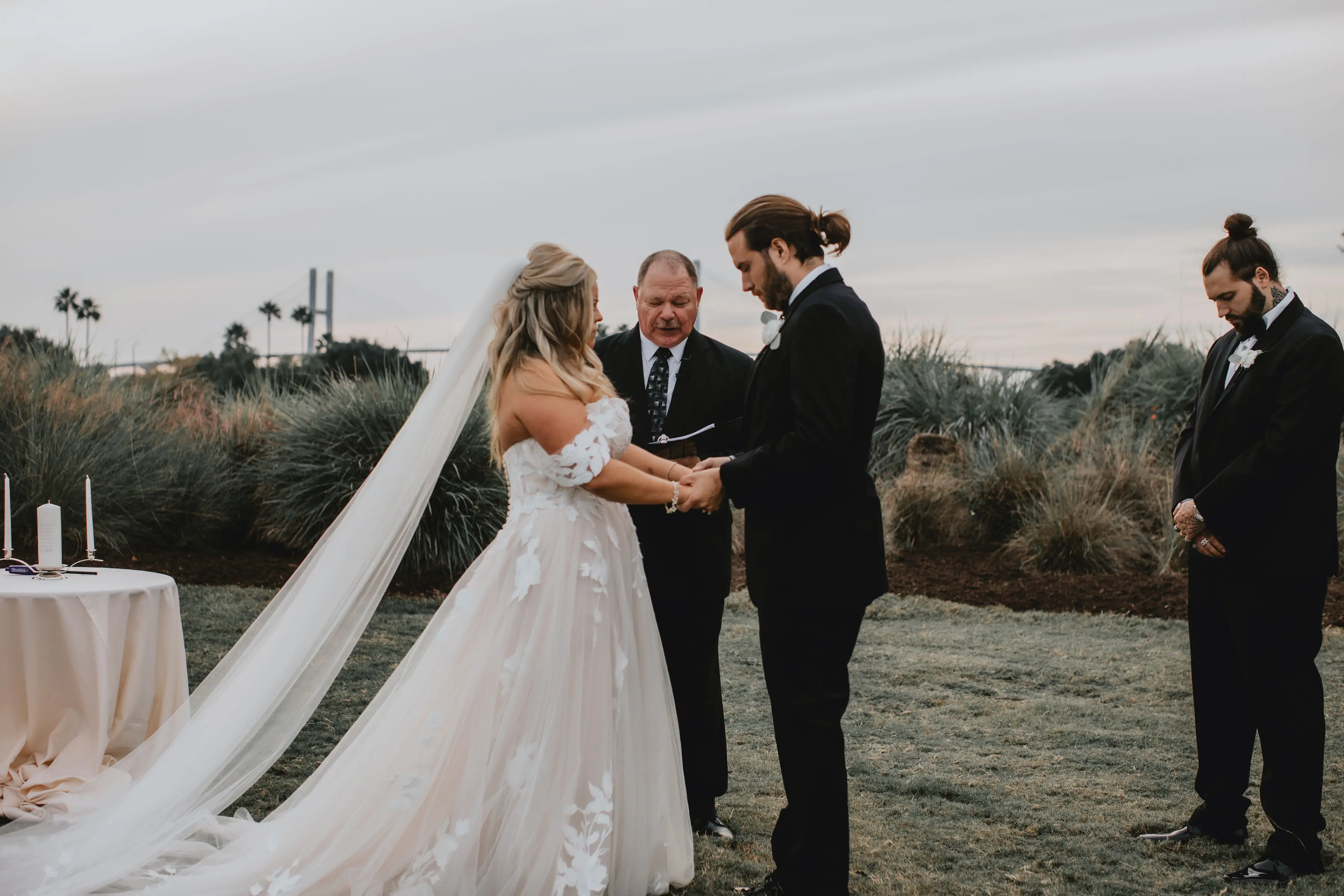 Bride In Lace A-Line Wedding Dress Called Hattie Lane By Rebecca Ingram With Groom