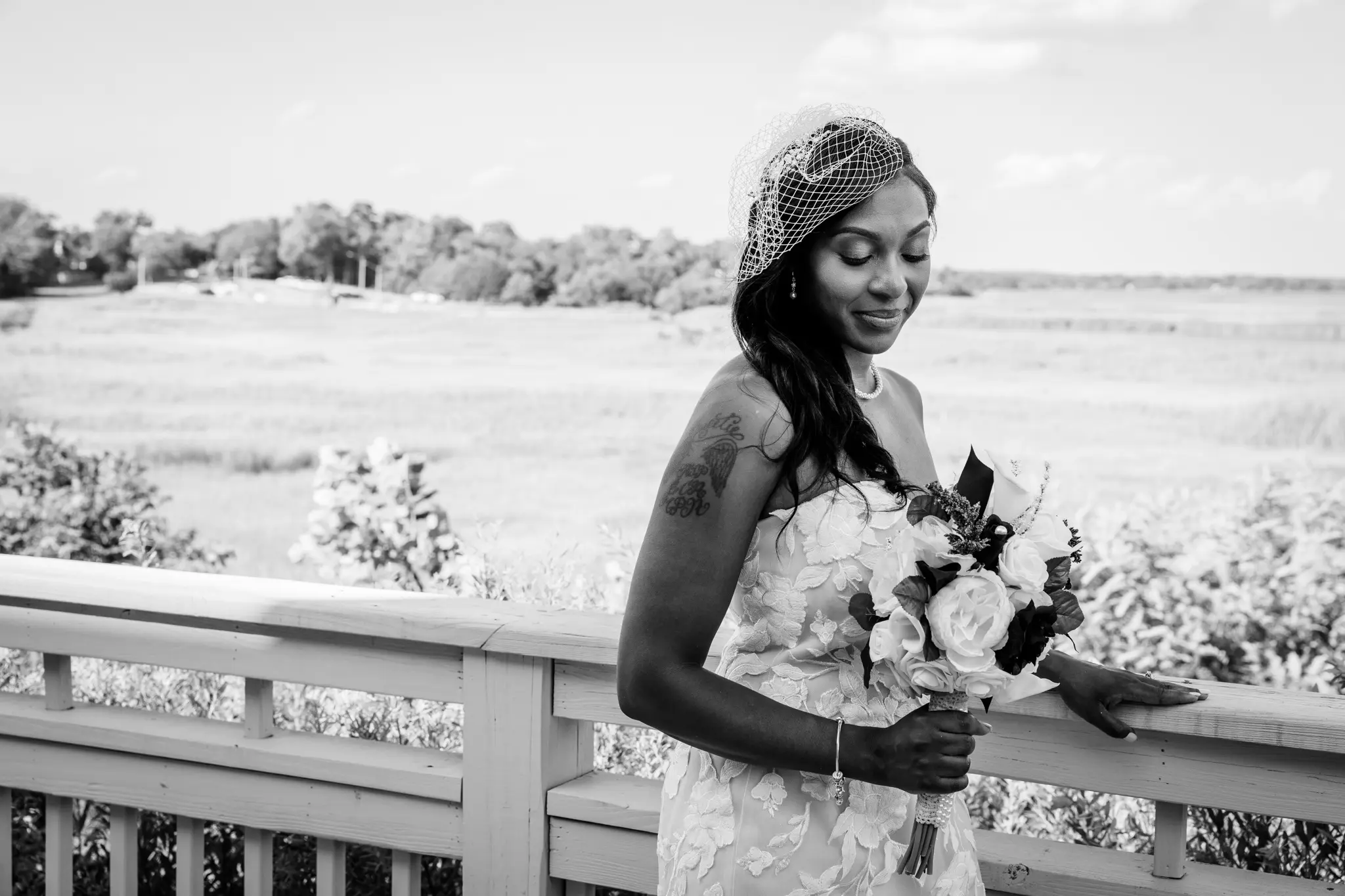 Bride Wearing Strapless Mermaid Wedding Dress With Oversized Lace Hattie By Rebecca Ingram
