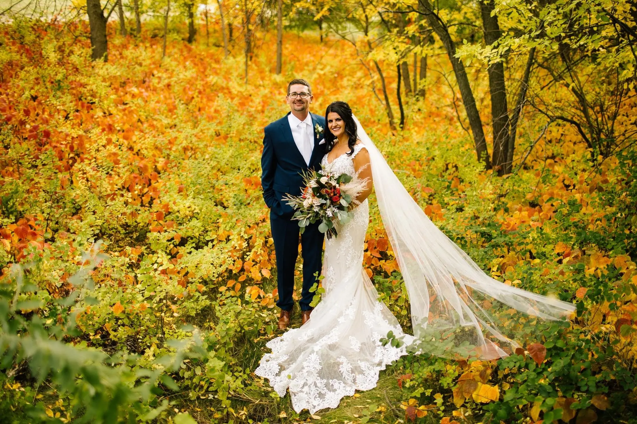 Bride Wearing Romantic Lace Wedding Gown Called Edison By Maggie Sottero With Groom In A Forest