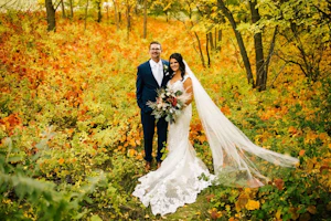Bride Wearing Romantic Lace Wedding Gown Called Edison By Maggie Sottero With Groom In A Forest