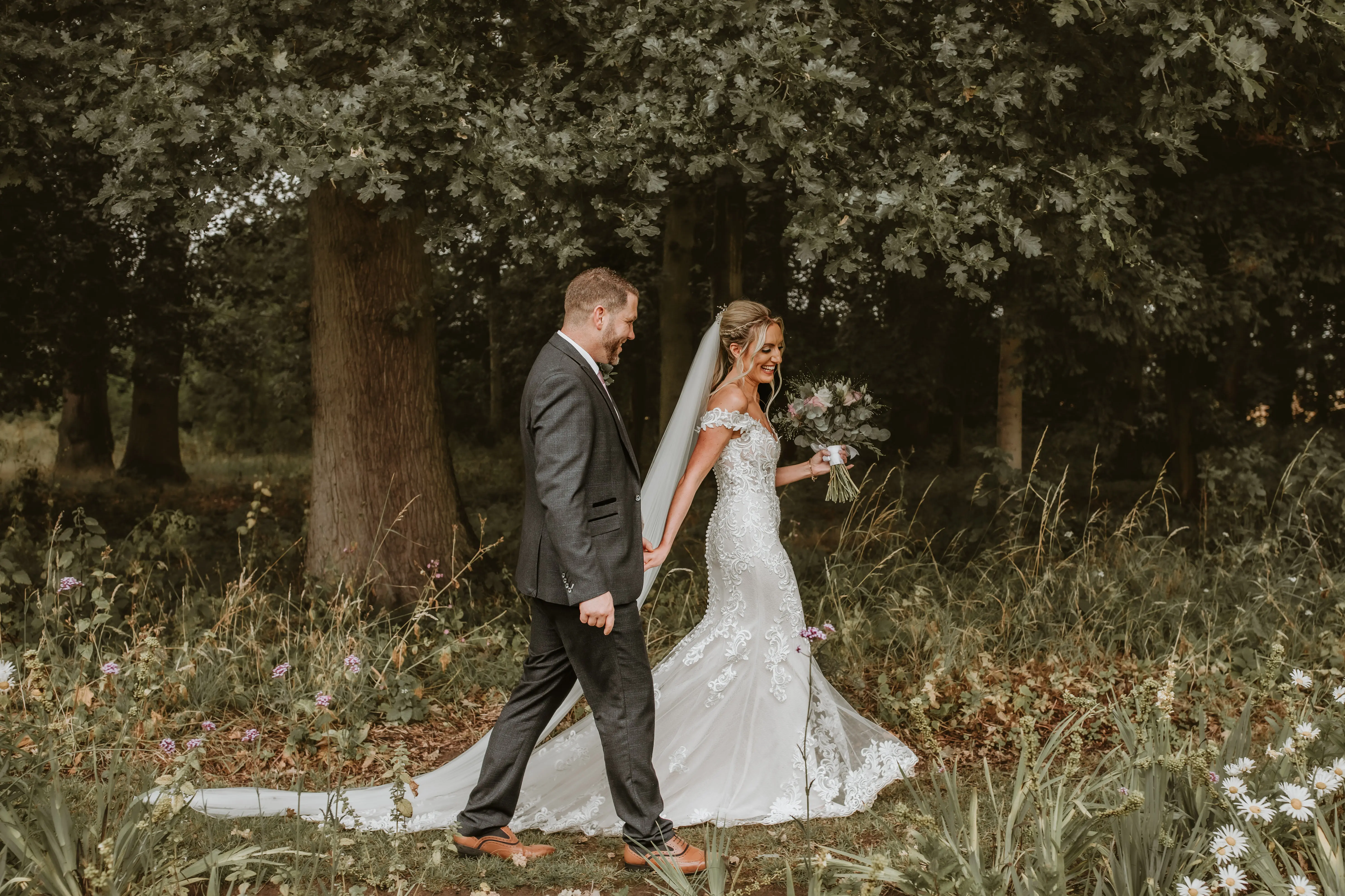 Bride In Illusion Train Edison Maggie Sottero With Groom