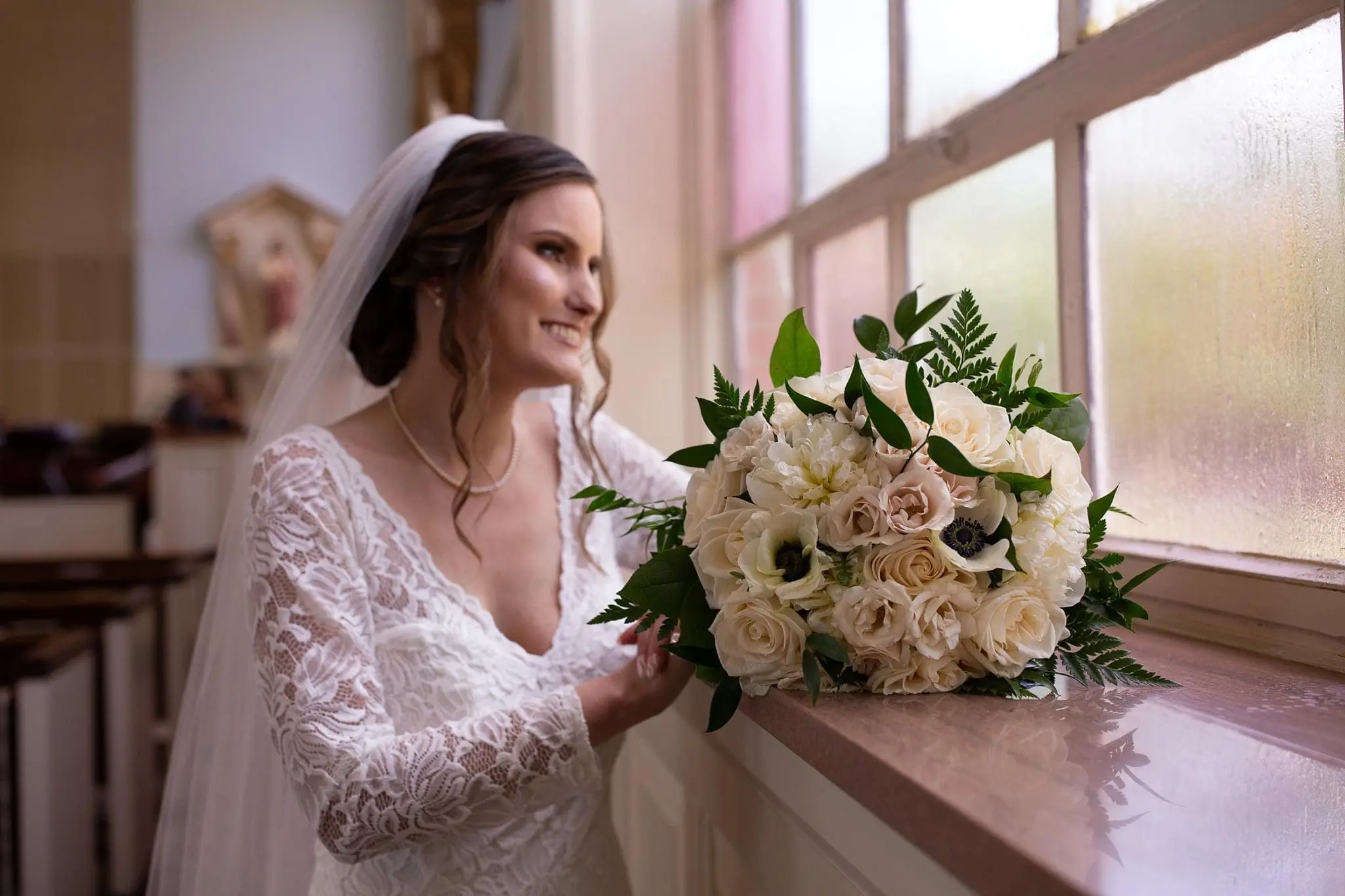 Bride Wearing Long Sleeve Lace Form Fitting Wedding Dress Tina Dawn By Rebecca Ingram