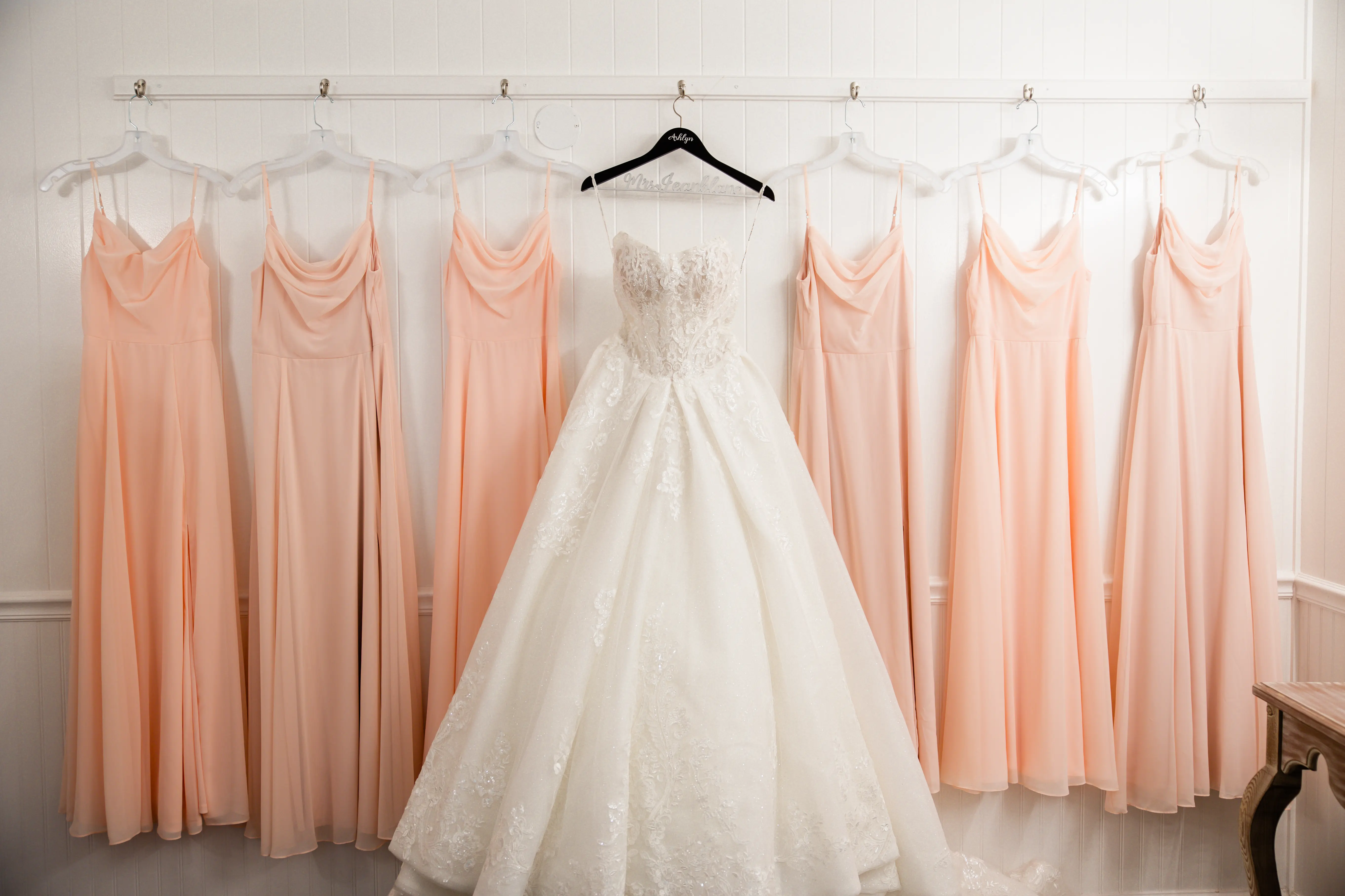 Bride In Lace Ballgown Wedding Dress With Bridesmaid Dresses