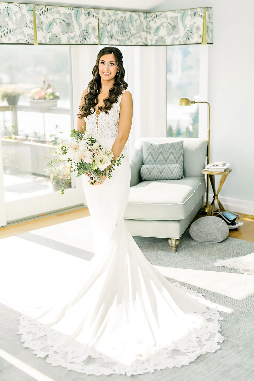bride in lace crepe sheath wedding dress