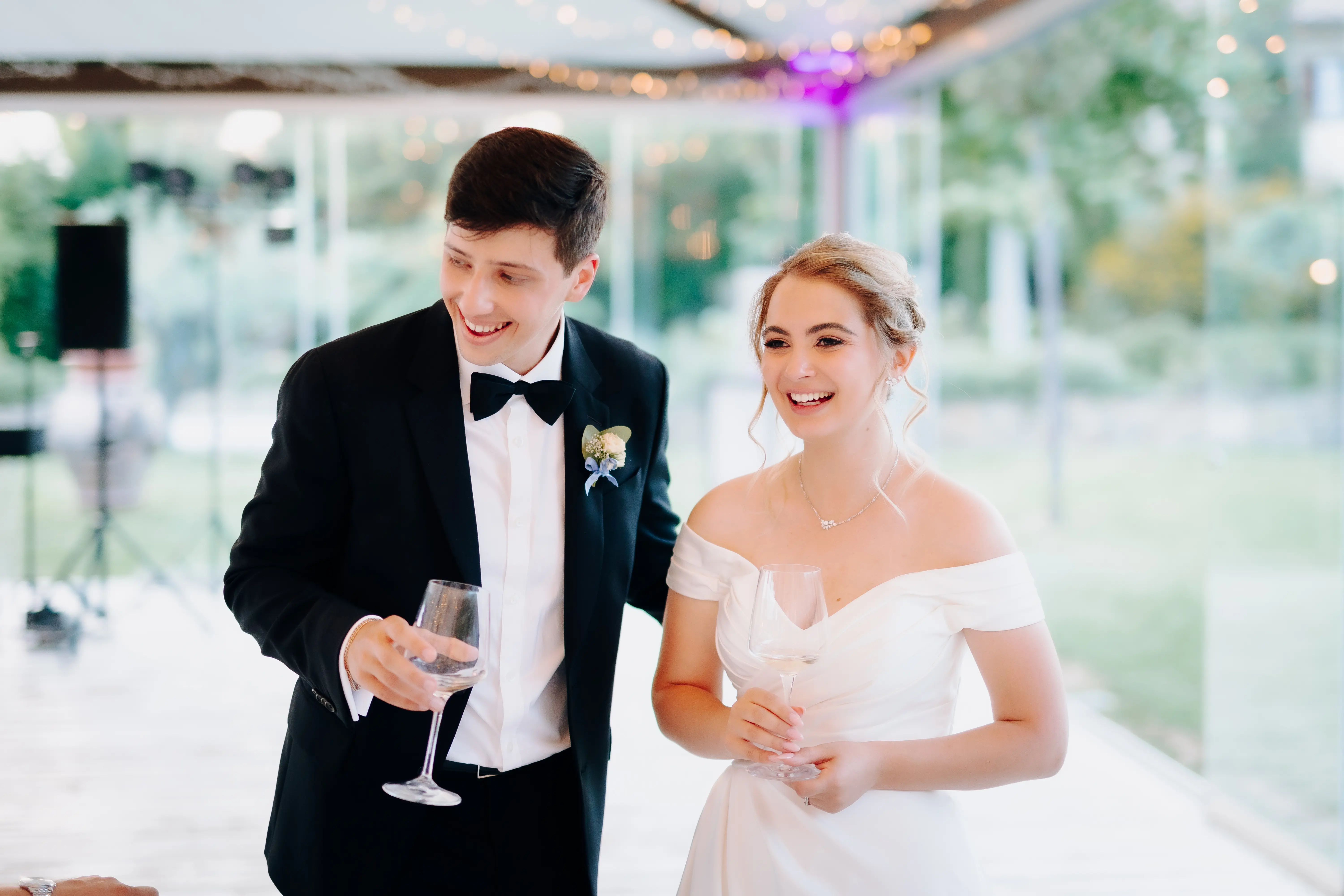 Bride Wearing A-line Classic Wedding Dress Ekaterina By Maggie Sottero With Groom Drinking Wine