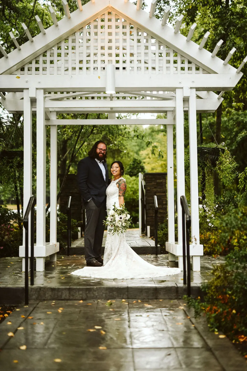 Bride Wearing Halter Lace Wedding Dress Called Kevyn By Sottero And Midgley With Groom