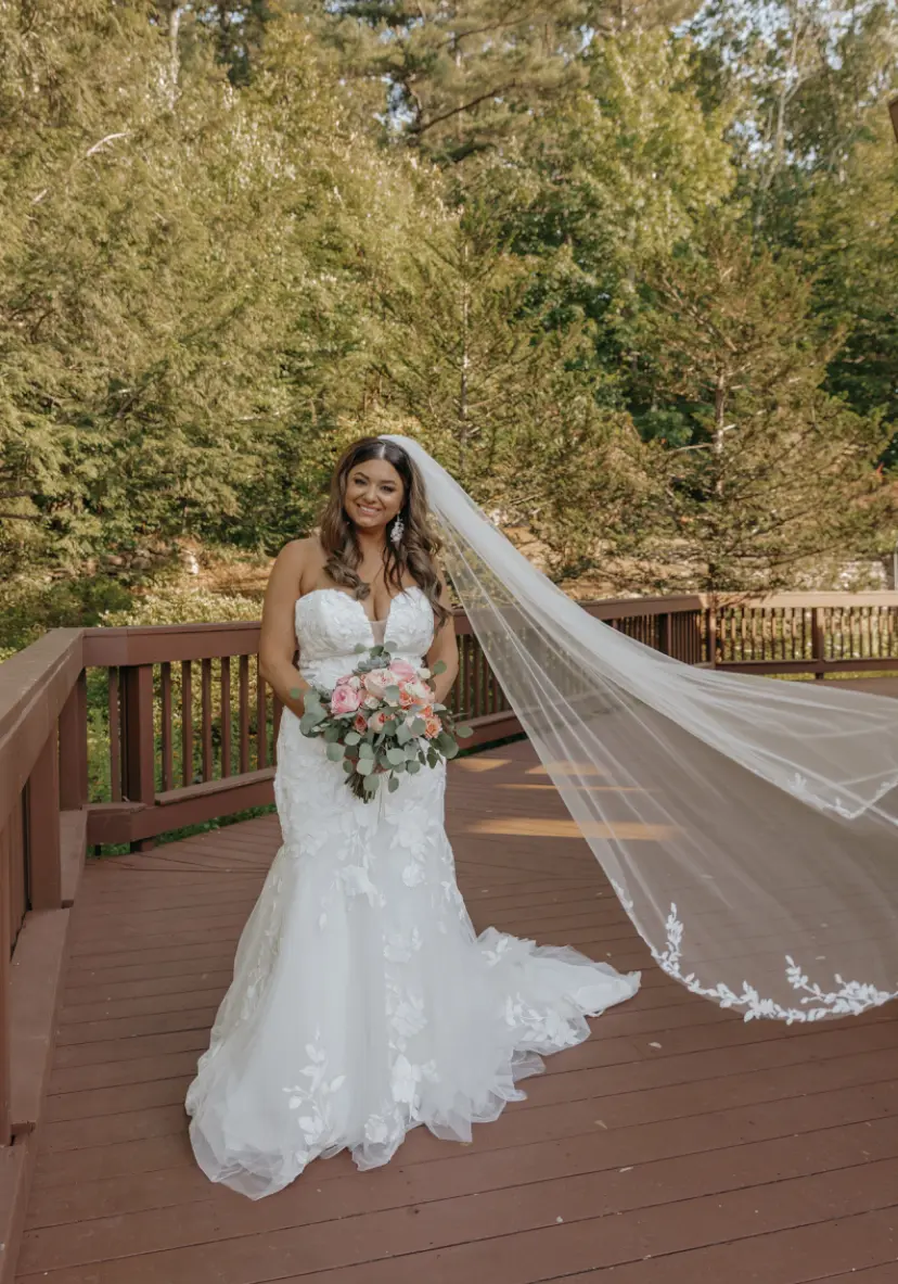 Real Bride in Strapless Mermaid Gown with Oversized Lace Called Hattie by Rebecca Ingram