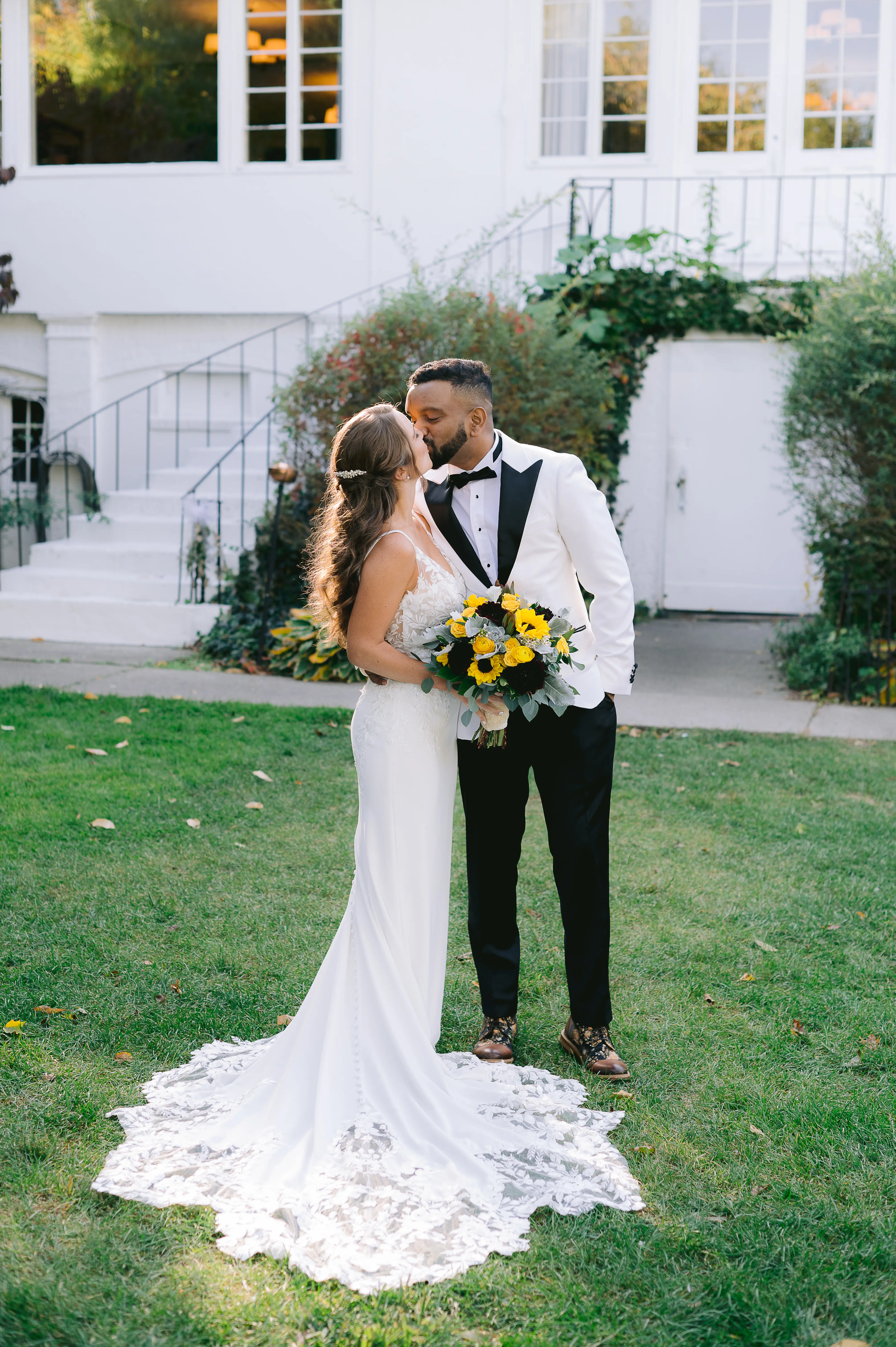 Real Bride in Backless Crepe Wedding Gown with Lace Motifs over a Talin Stretch Crepe Called Baxley by Maggie Sottero