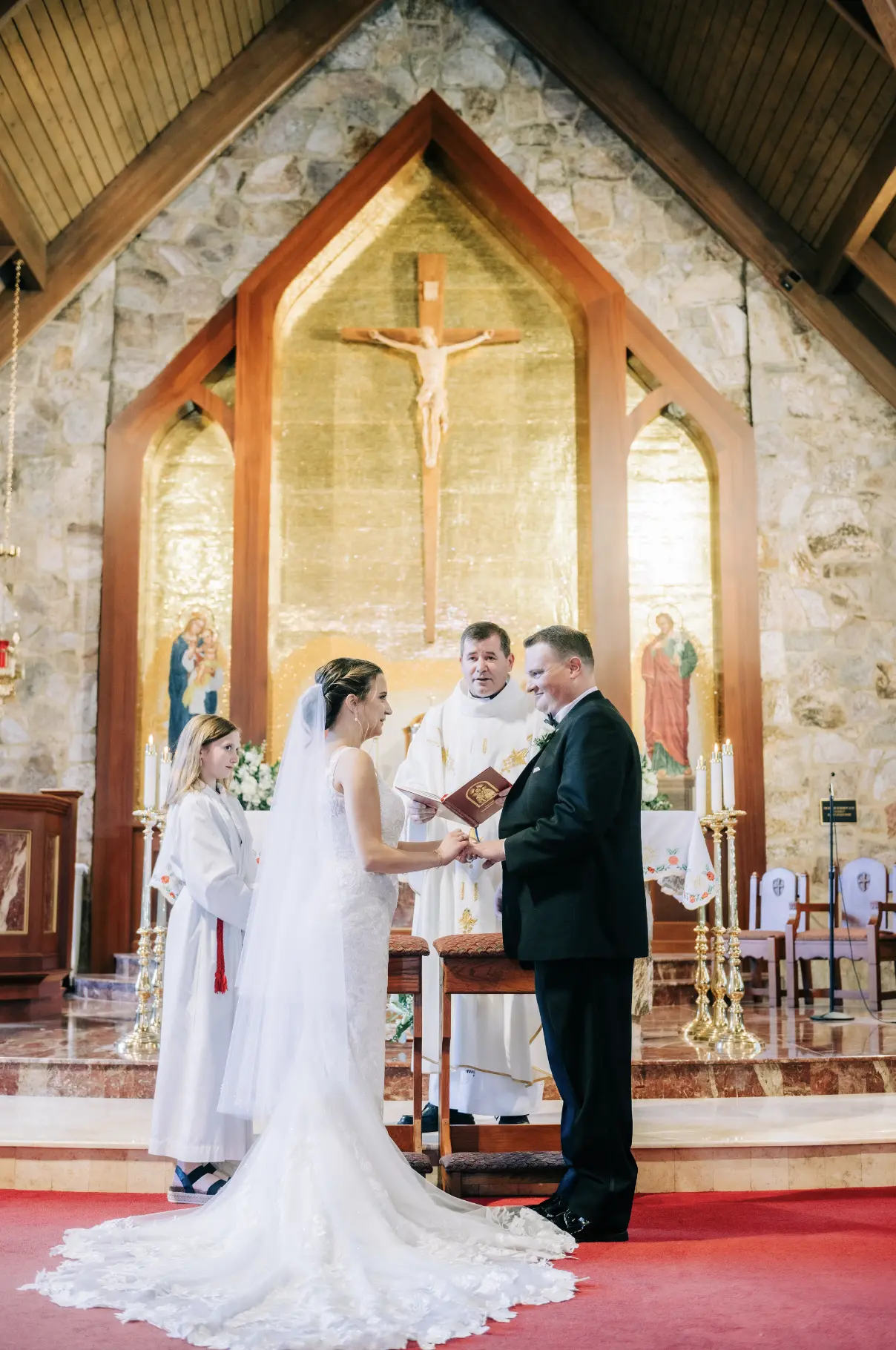 Groom and Bride Wearing Nature Lace Wedding Dress Called Albany By Maggie Sottero At A Chapel Ceremony