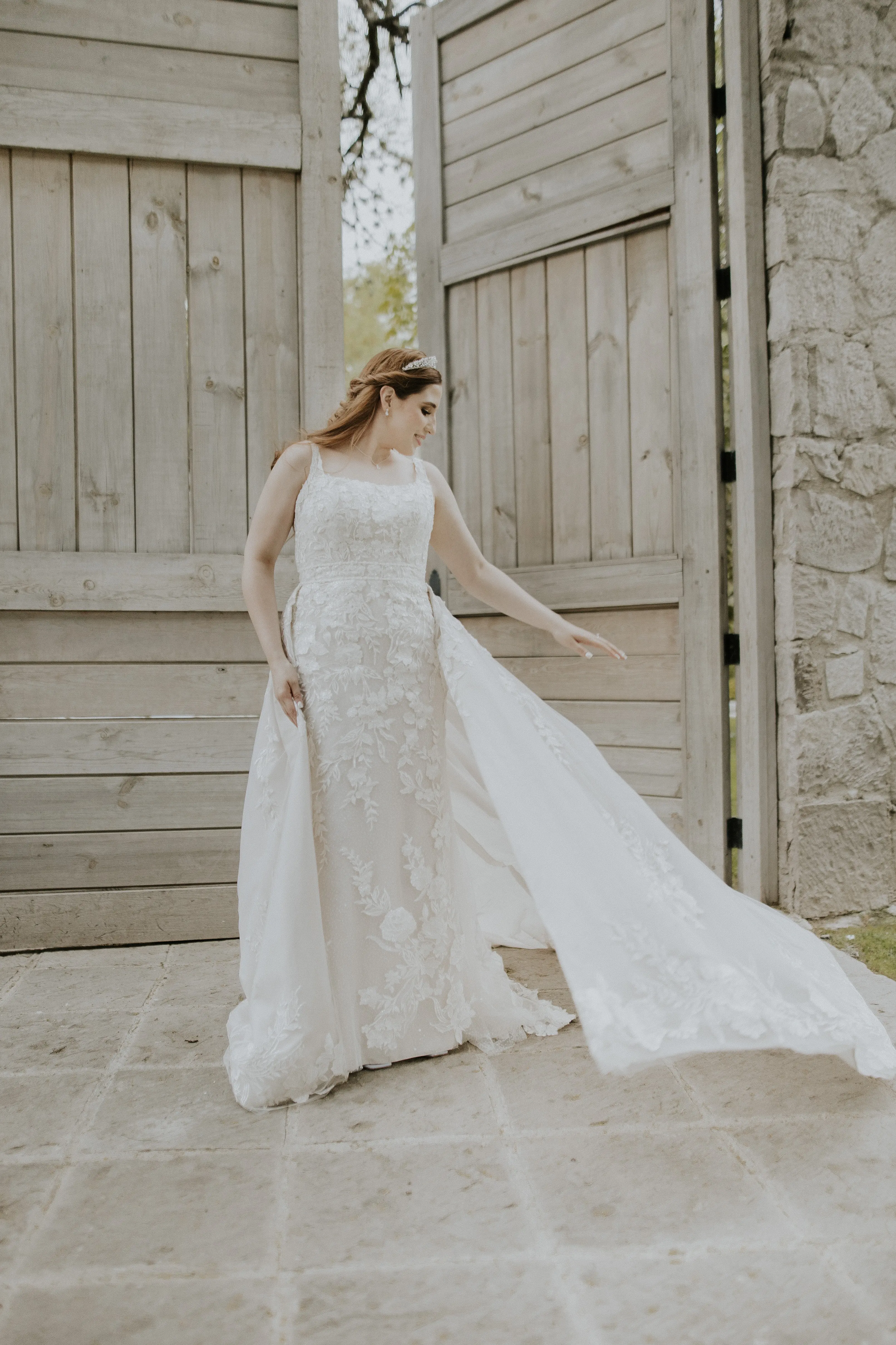 Bride Wearing Lace Wedding Dress Called Albany By Maggie Sottero Throwing Out The Train