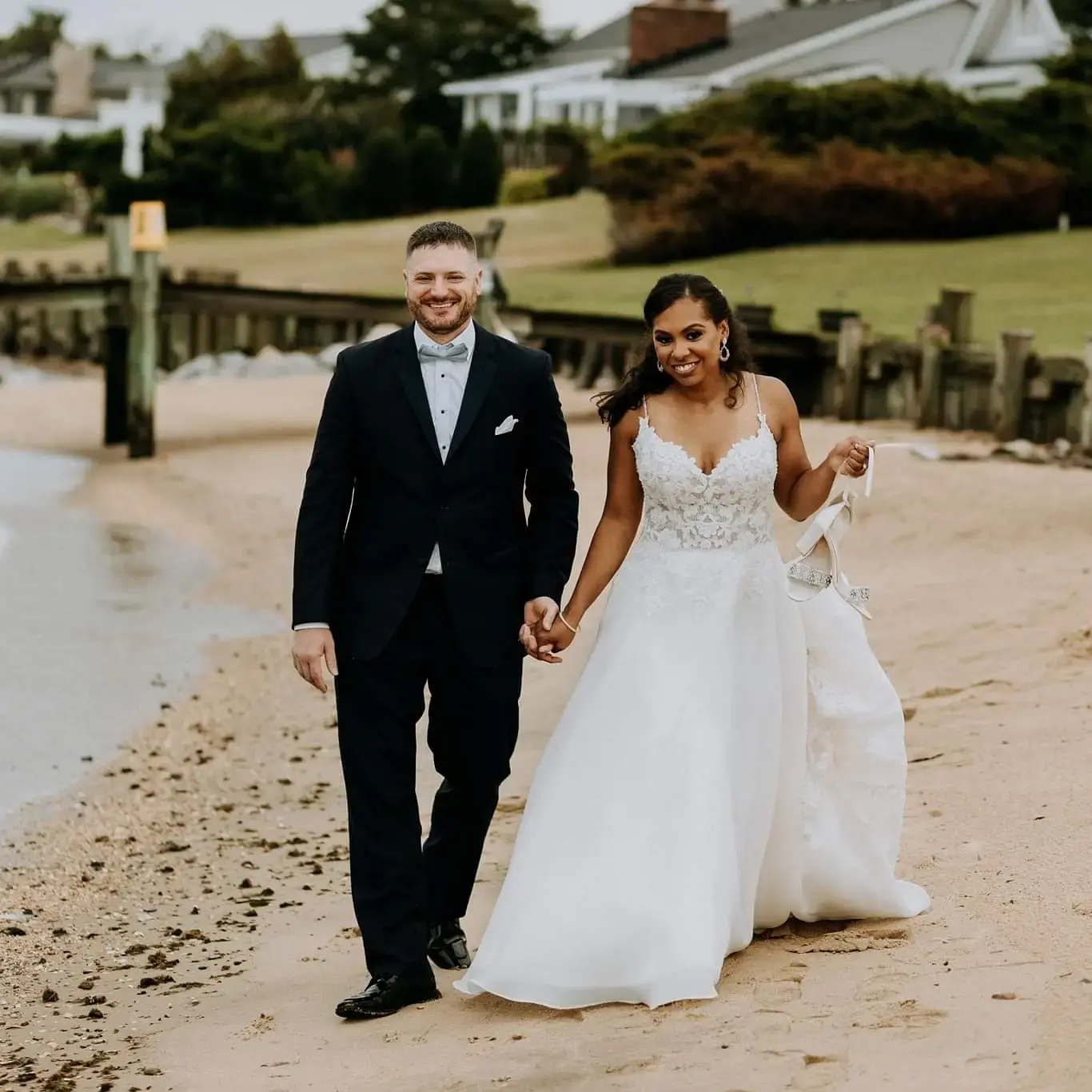 Groom and Bride at a Beach Wedding Wearing Lace Aline Wedding Dress called Savannah by Maggie Sottero
