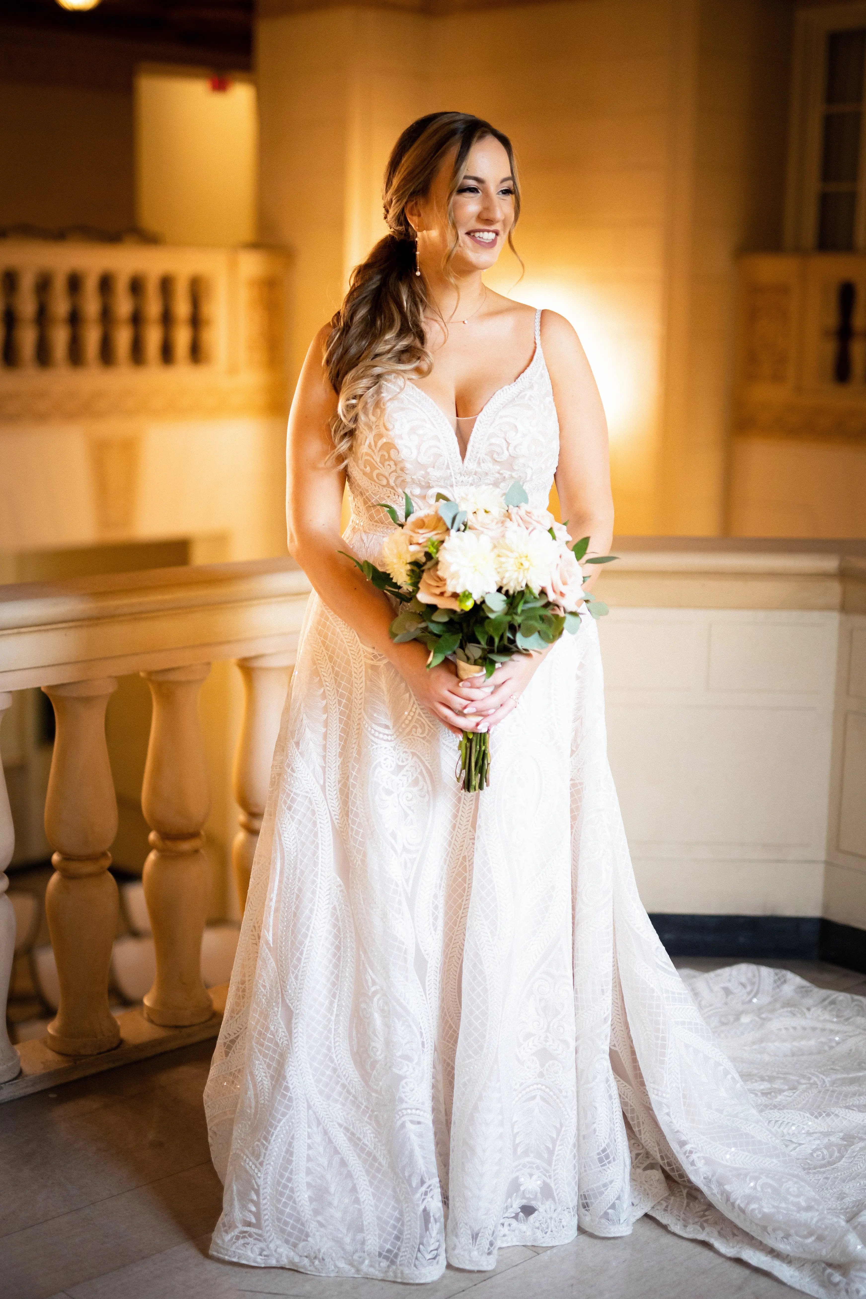 Bride Wearing Glam Princess A-Line Wedding Dress Called Roxanne By Sottero And Midgley