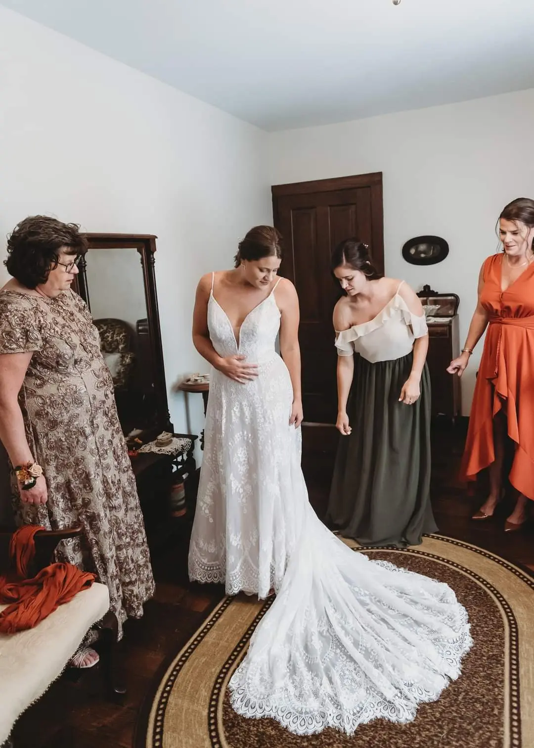 Bride Wearing Unique Boho A-Line Wedding Dress Keating By Rebecca Ingram
