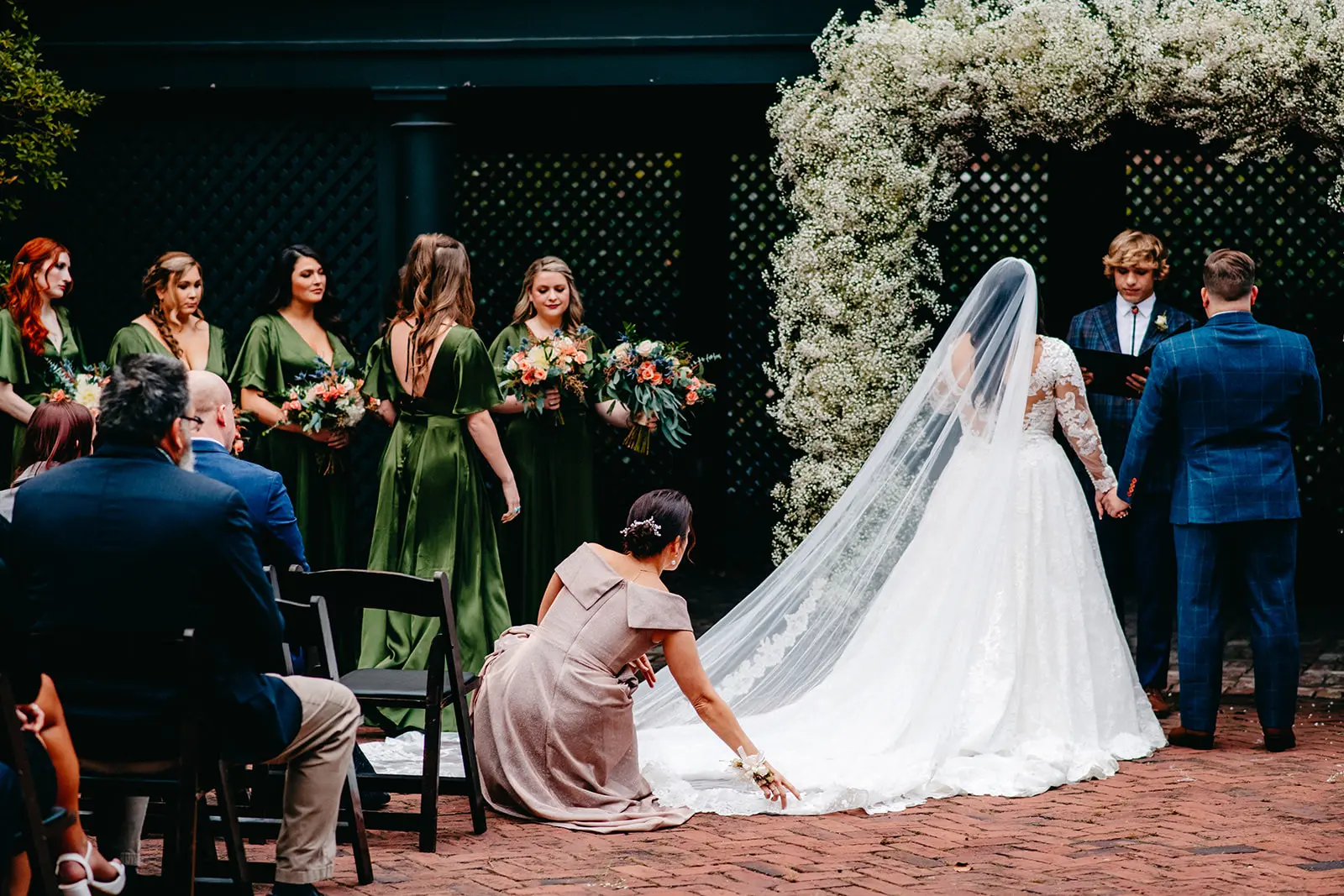 Bride In Sheer Organza Sweetheart Neckline Kierna Sottero Midgley With Groom and Bridesmaid