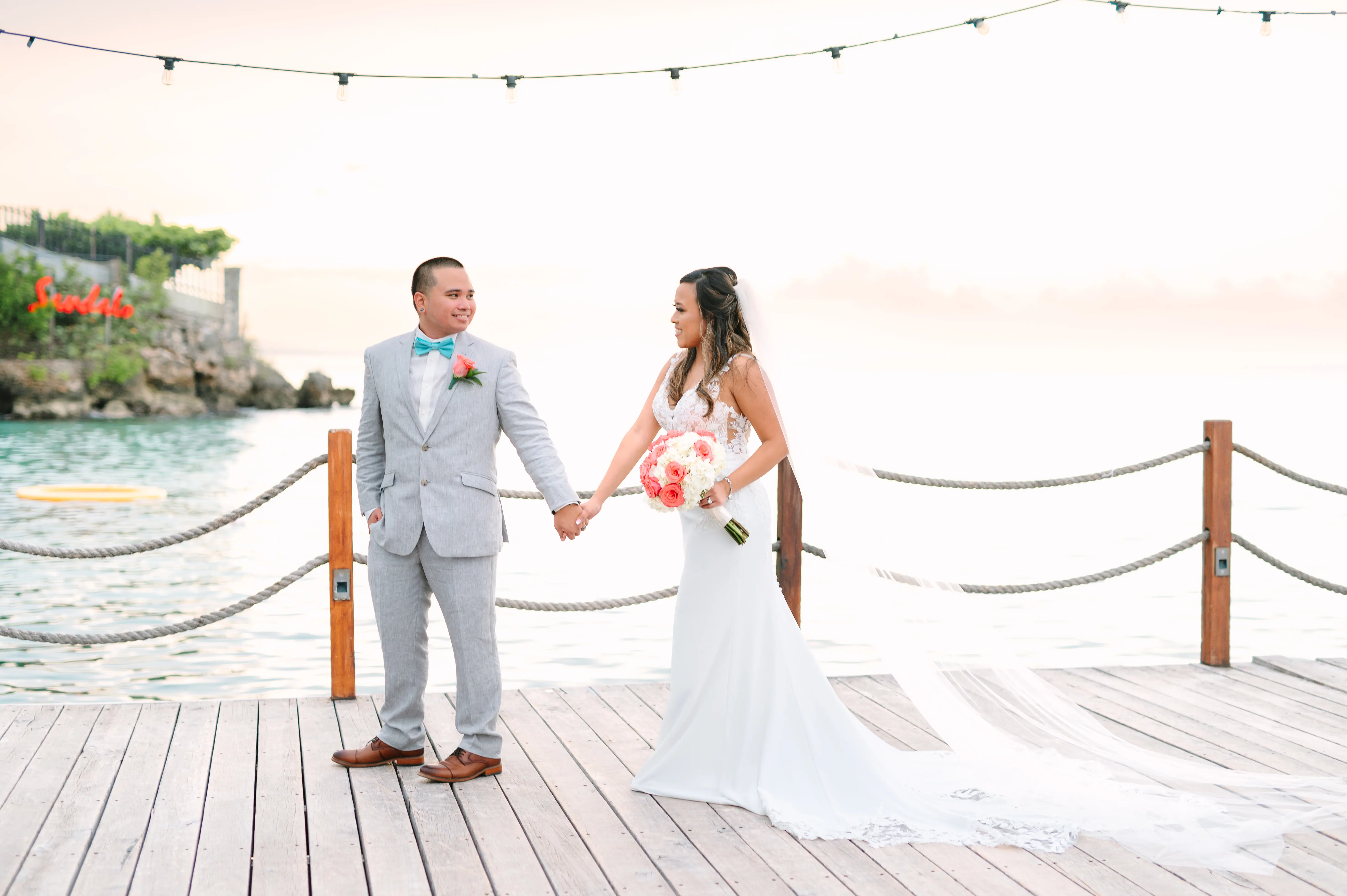 Real Bride in Backless Crepe Wedding Gown with Scalloped Lace Cutout Train Called Baxley by Maggie Sottero