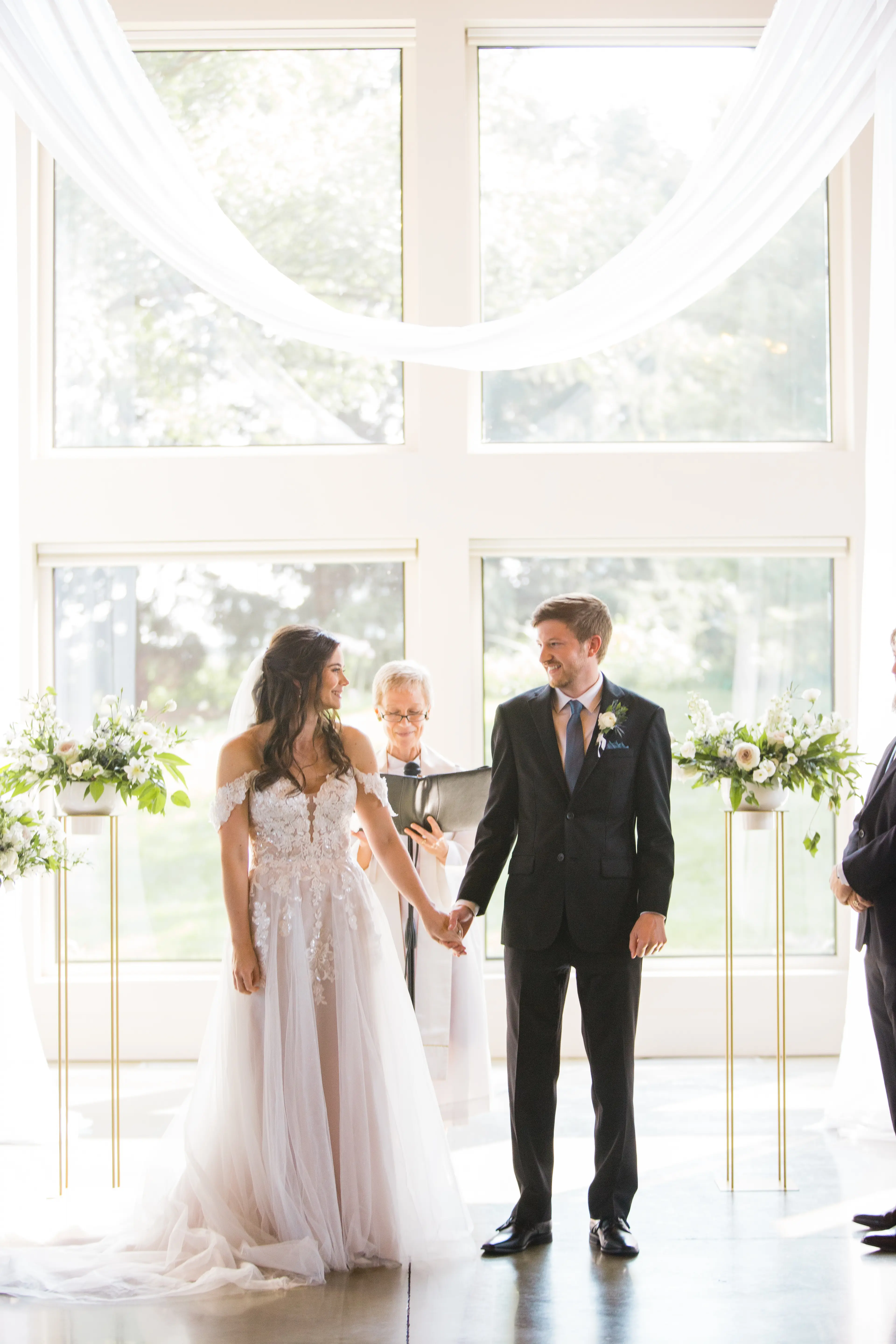 Groom With Bride Wearing A-Line Lace Wedding Dress With Customized Off The Shoulder Sleeves Stevie By Maggie Sottero