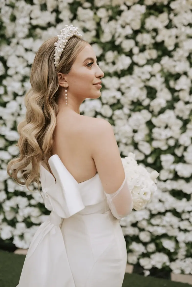Bride Wearing Simple Sheath Satin Dress With Back Bow Mitchell By Maggie Sottero