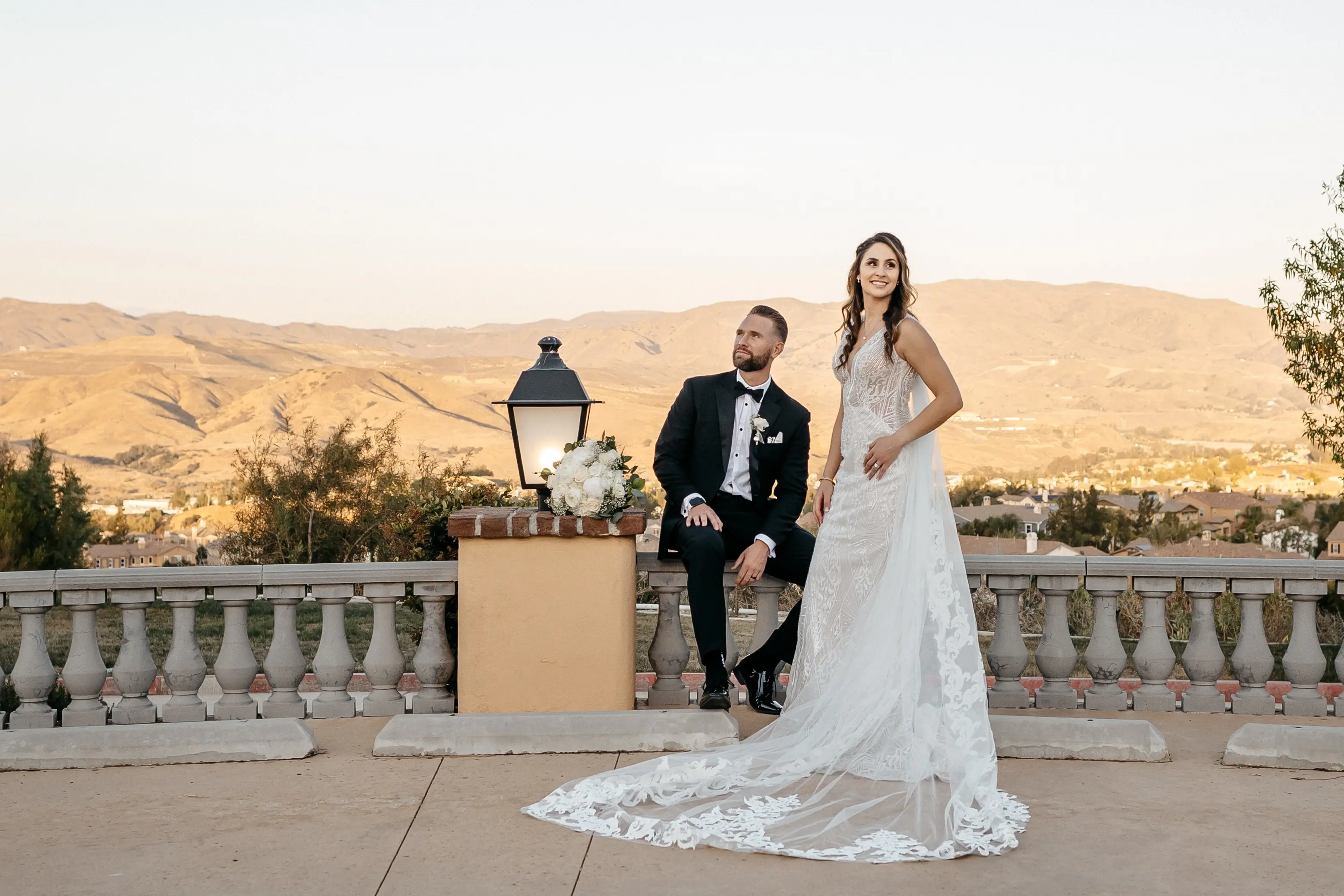 Groom With Bride Wearing Art Deco Wedding Dress Elaine By Maggie Sottero