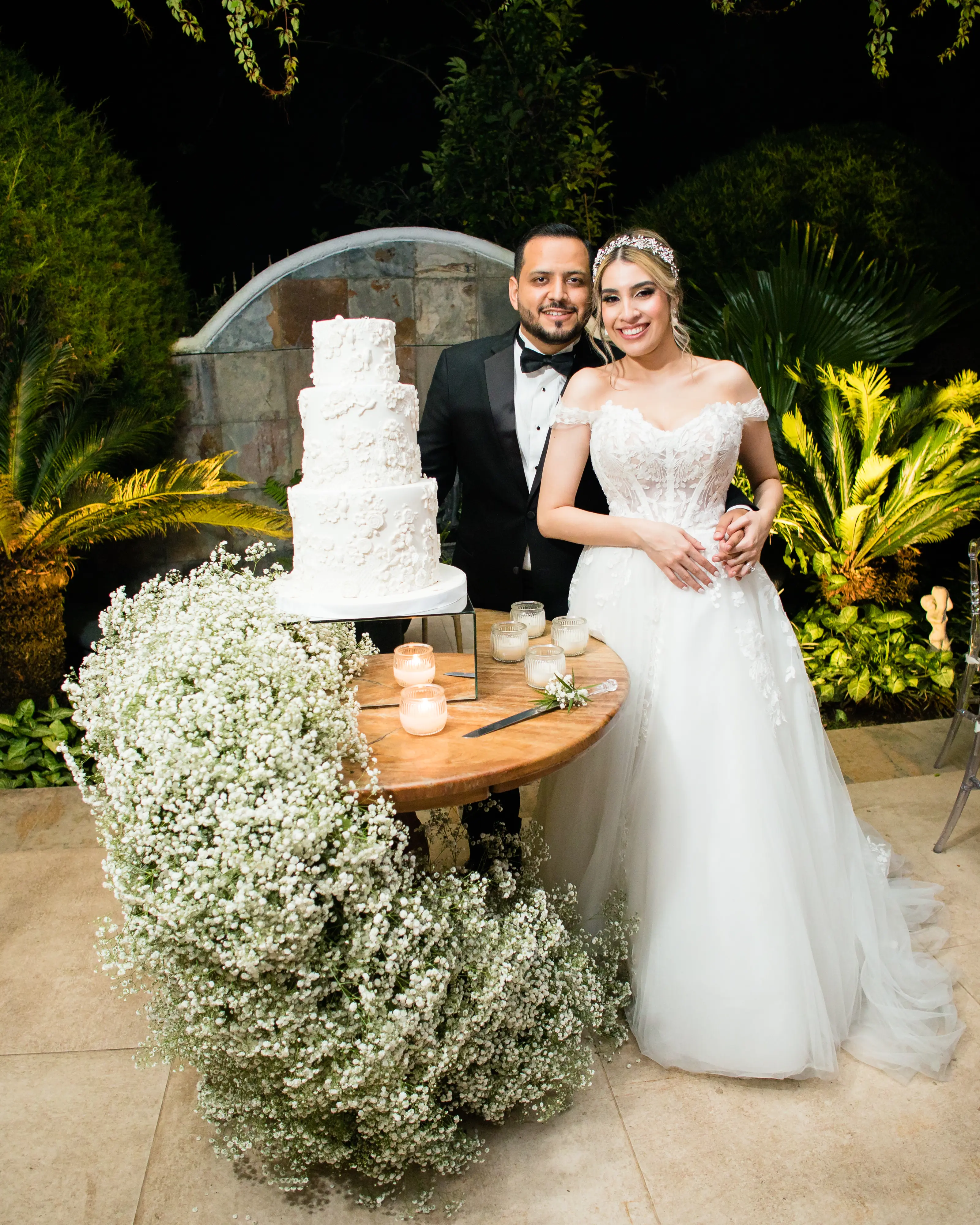 Bride In Lace Ballgown Wedding Dress Called Harlem By Maggie Sottero With Groom And Wedding Cake