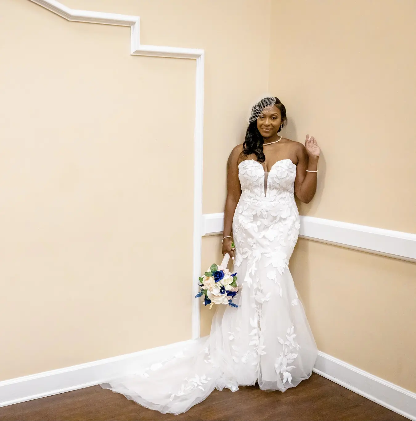 Bride Wearing Strapless Mermaid Wedding Dress With Oversized Lace Hattie By Rebecca Ingram