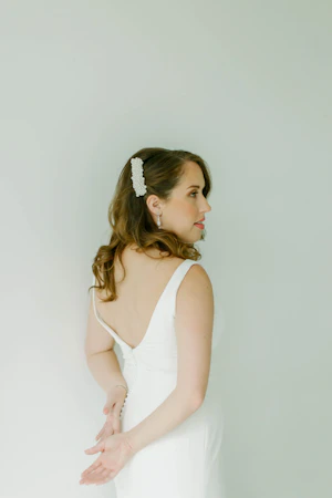 Bride Wearing Classic Sheath Wedding Dress Alice By Rebecca Ingram