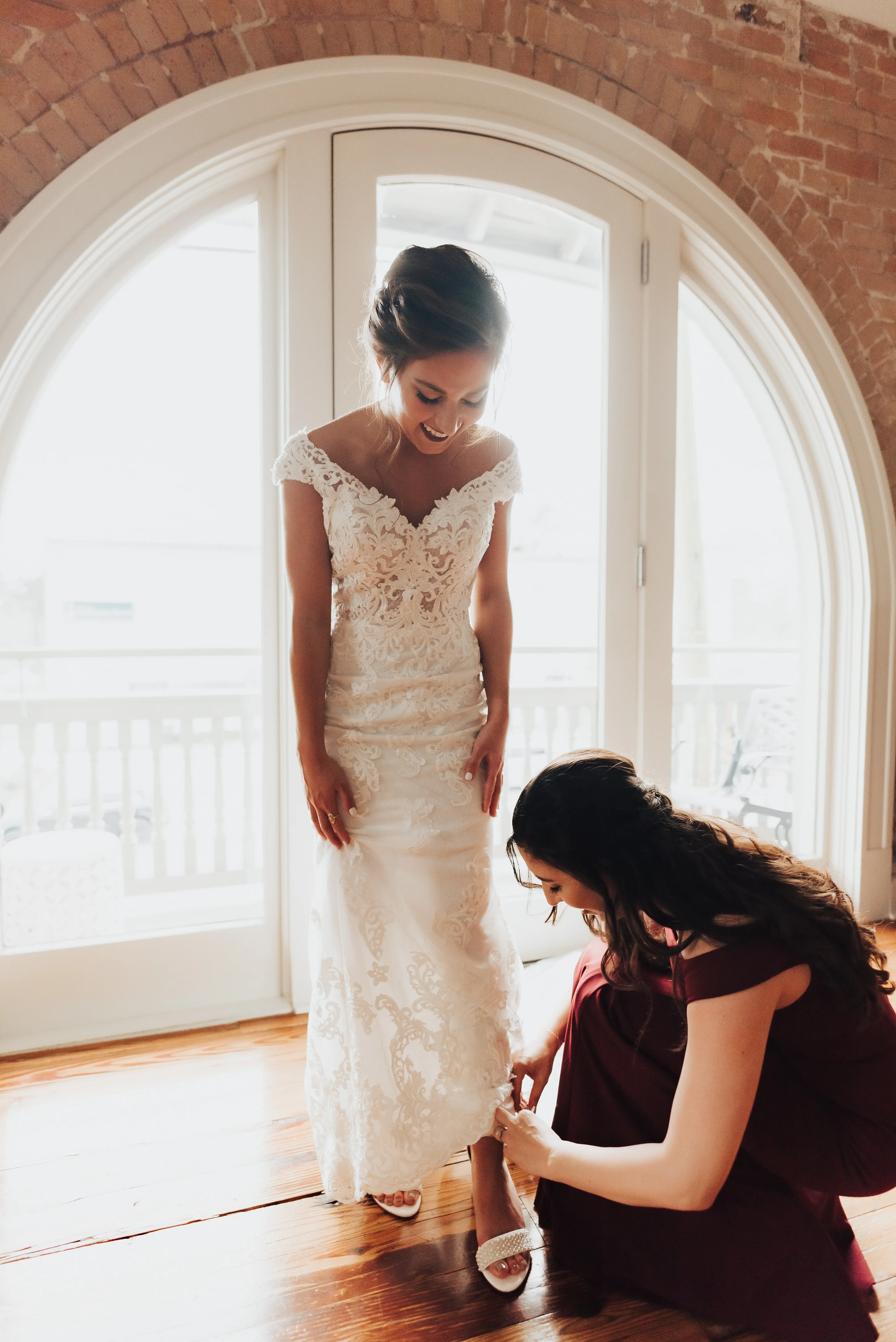 Bride Wearing Sheath Lace Wedding Dress Celeste By Maggie Sottero