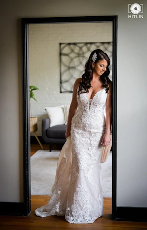 Real Bride in a Romantic Lace Sheath Wedding Gown with Shimmering Lace Motifs Called Tuscany Lynette by Maggie Sottero