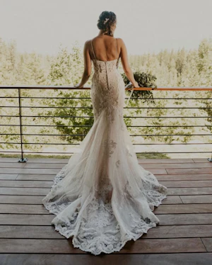Bride Wearing Lace Sheath Wedding Dress Tuscany Lynette By Maggie Sottero