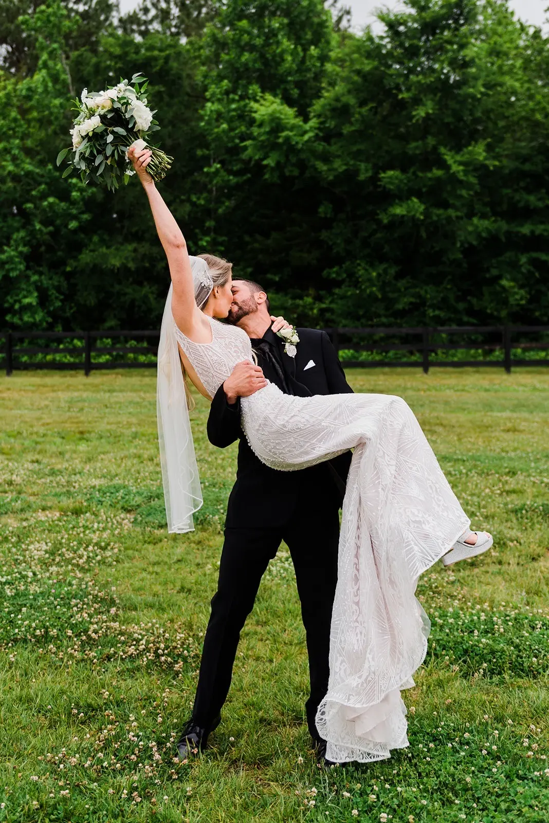 Groom With Bride Wearing Form Fitting Art Deco Wedding Dress Elaine By Maggie Sottero