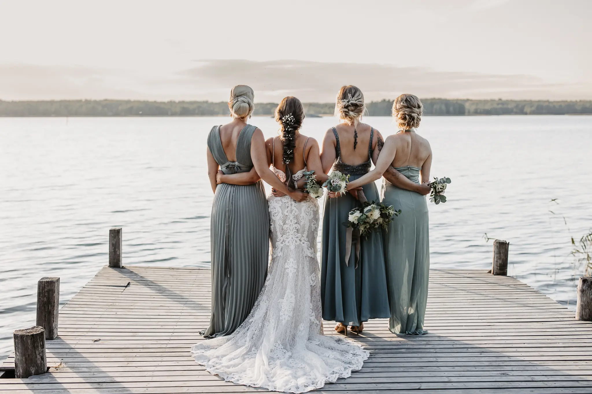 Bride Wearing Sexy Lace Wedding Dress Called Tuscany Lynette By Maggie Sottero With Bridesmaids