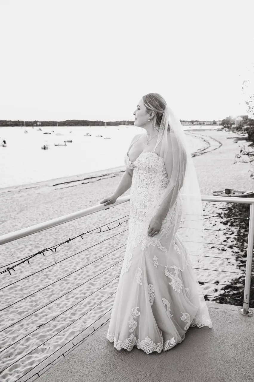 Real Bride in Sparkly Lace Fit-and-Flare Bridal Dress with Plunging Illusion Sweetheart Neckline Called Fiona by Maggie Sottero
