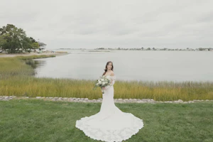 Real Bride in Sparkly Lace Fit-and Flare Bridal Dress with Detachable Off-the-Shoulder Sleeves called Fiona by Maggie Sottero