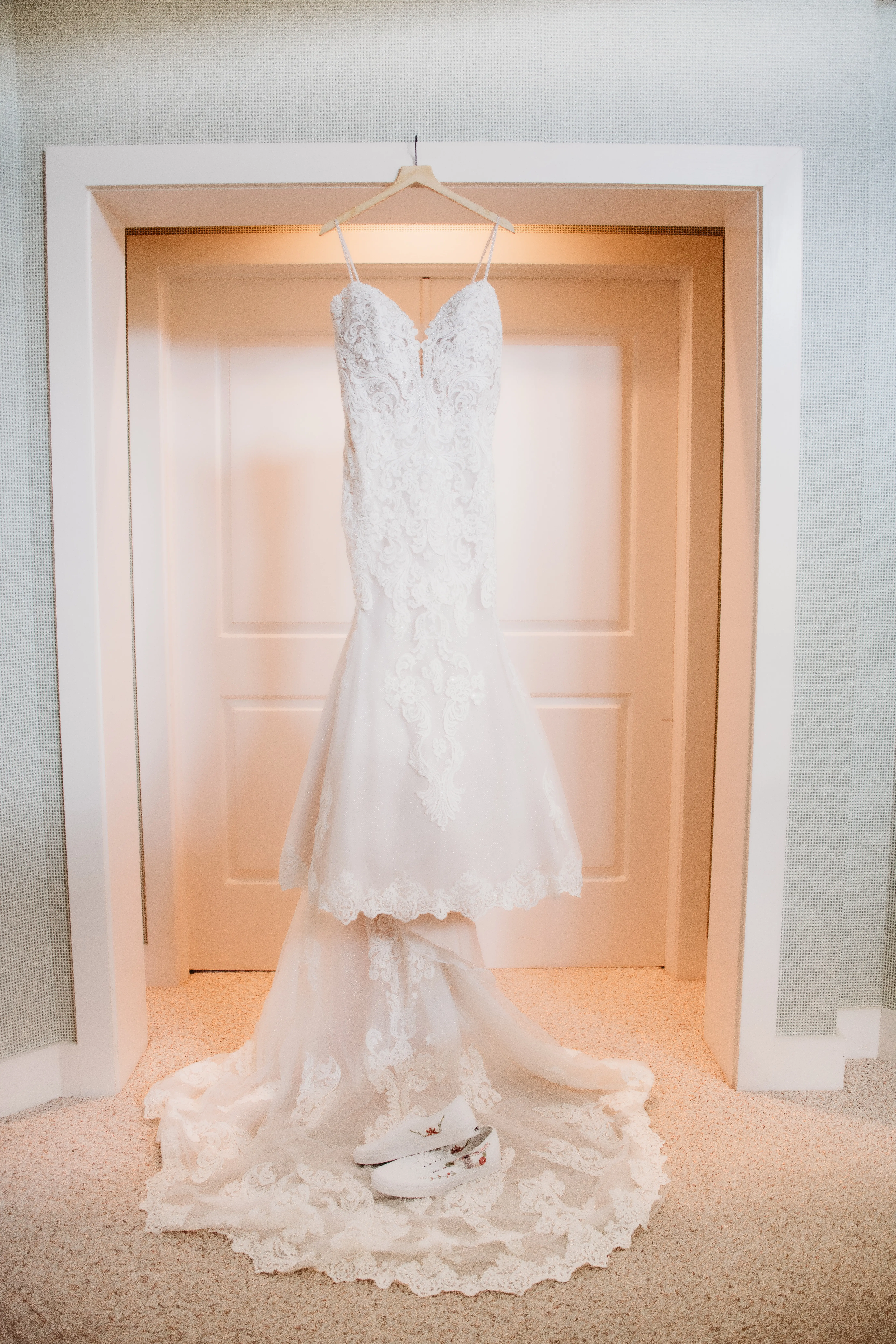 Real Bride's Breaded Sparkly Lace Fit-and-Flare Dress with Scalloped Illusion Lace Train Called Fiona by Maggie Sottero