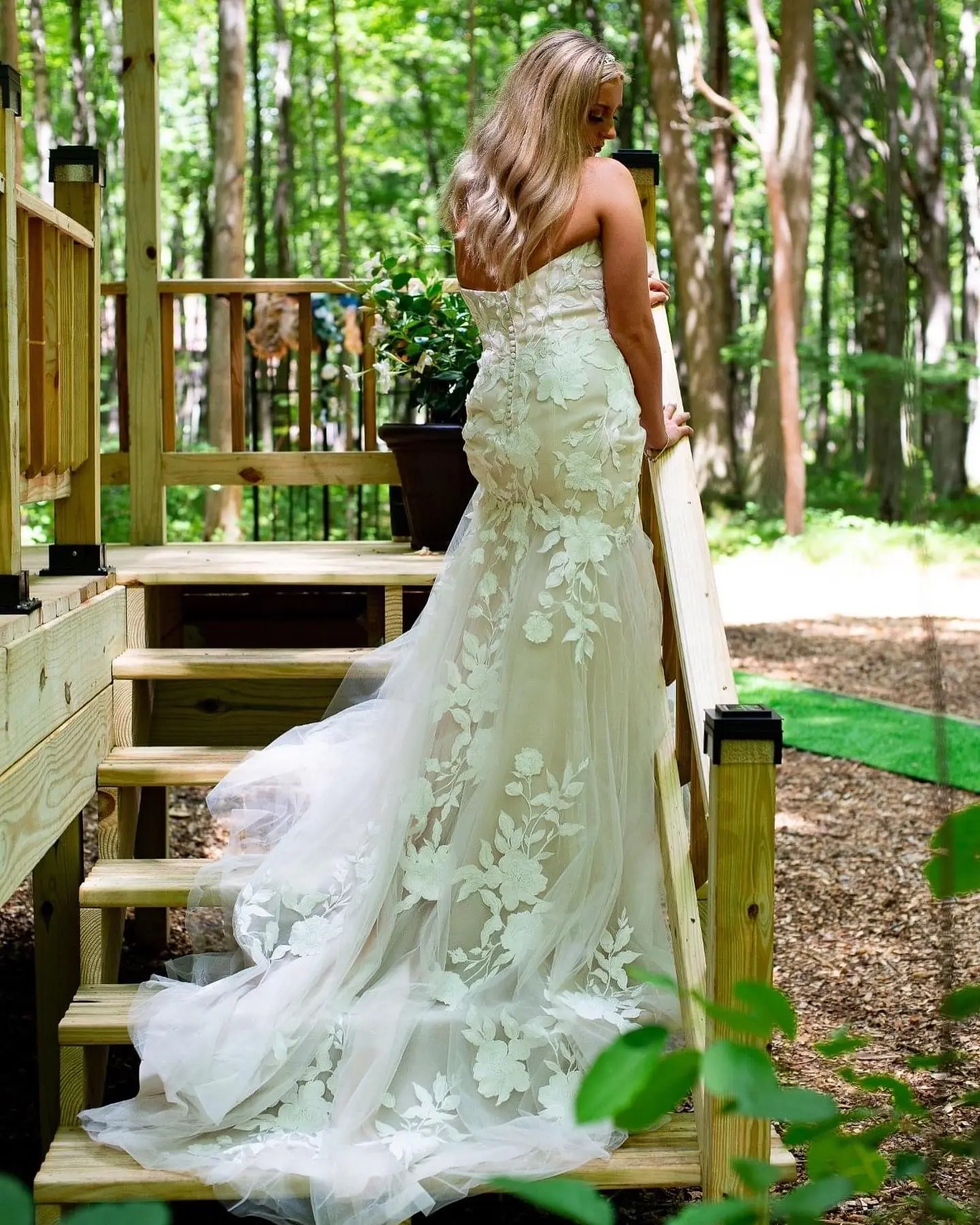 Bride Wearing Strapless Mermaid Wedding Dress With Over Sized Lace Hattie By Rebecca Ingram