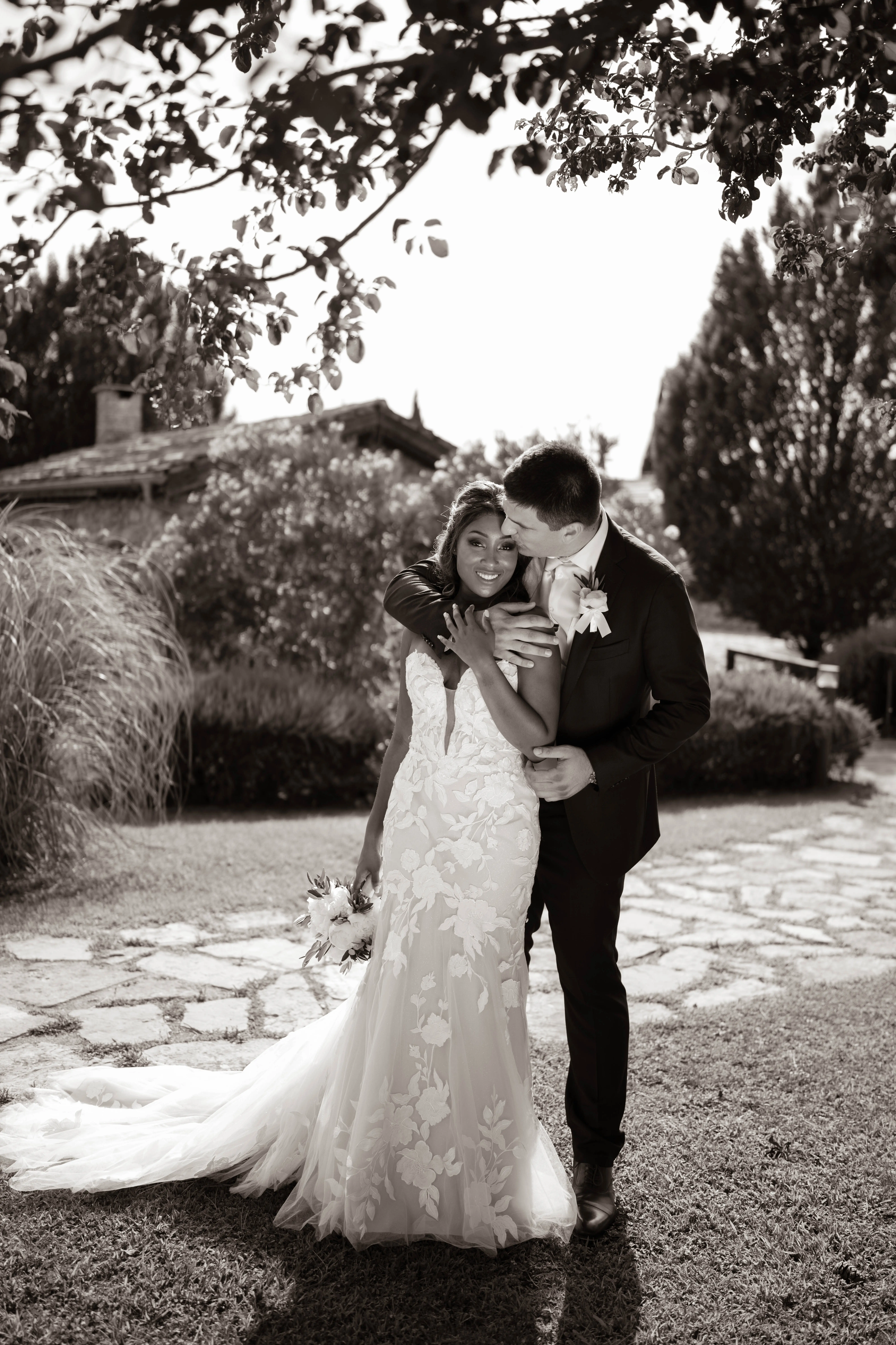 Groom With Bride Wearing Mermaid Wedding Dress With Oversized Lace Hattie By Rebecca Ingram
