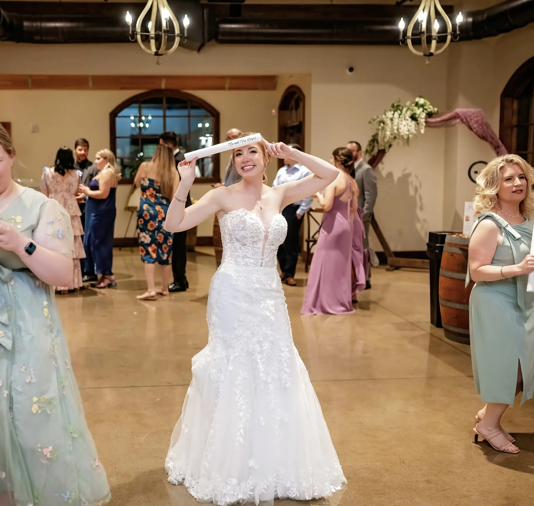 Bride Wearing Lace Wedding Dress Called Lennon By Maggie Sottero Dancing At Her Reception