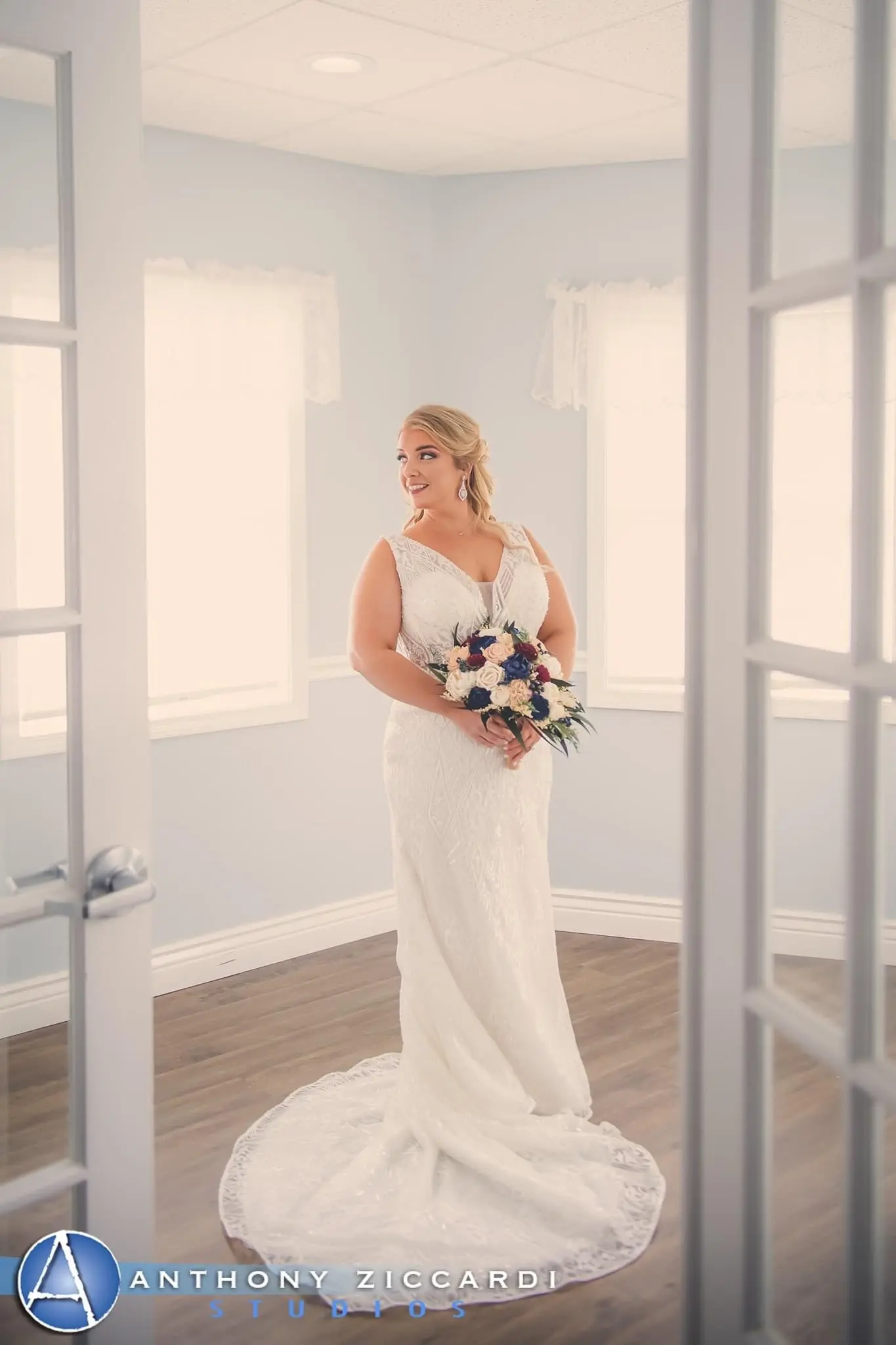 Bride Wearing Sheath Art Deco Wedding Dress Elaine By Maggie Sottero