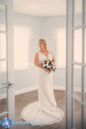 Bride Wearing Sheath Art Deco Wedding Dress Elaine By Maggie Sottero
