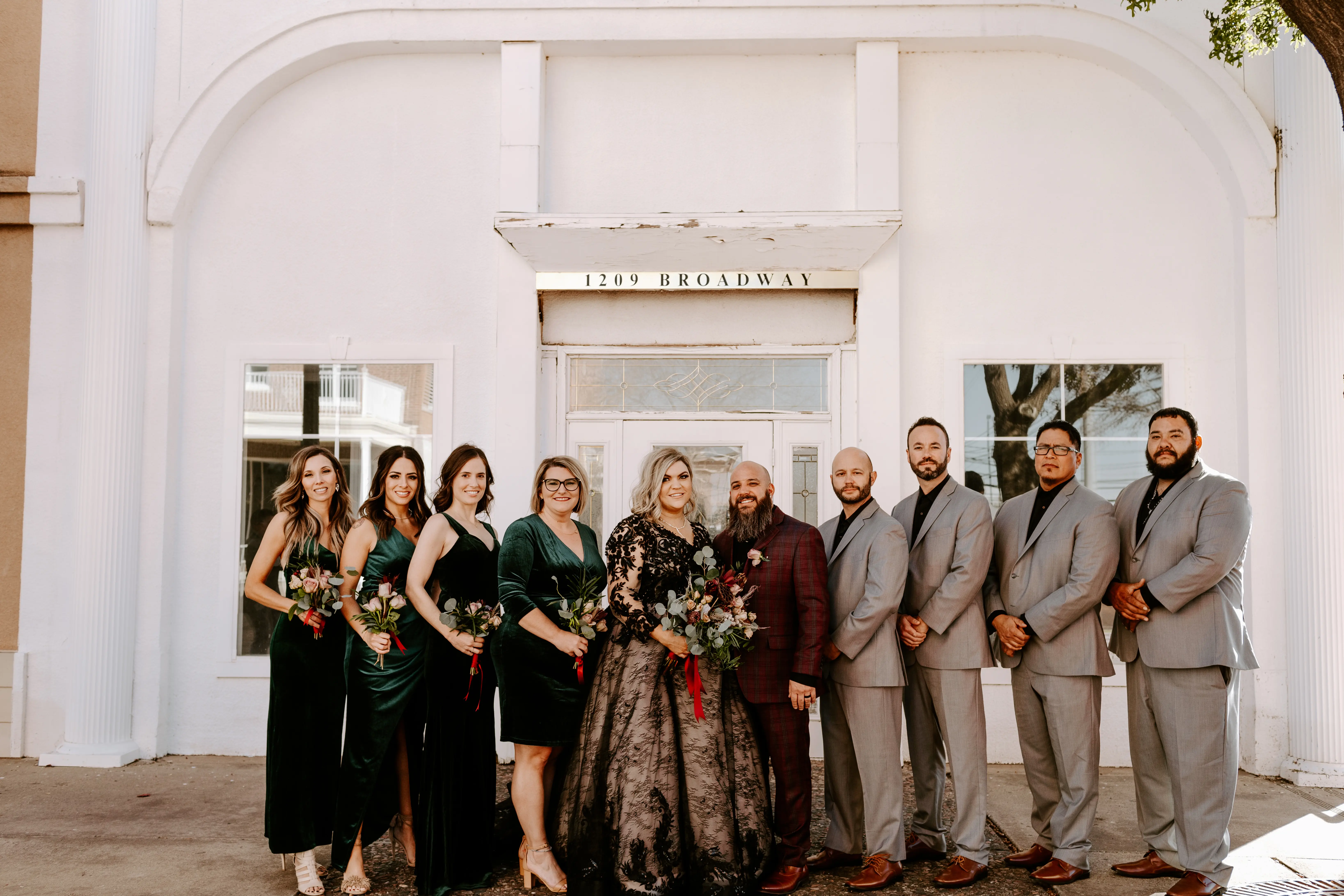 Bride Wearing Black Lace Wedding Dress Called Zander By Sottero And Midgley With Bridal Party