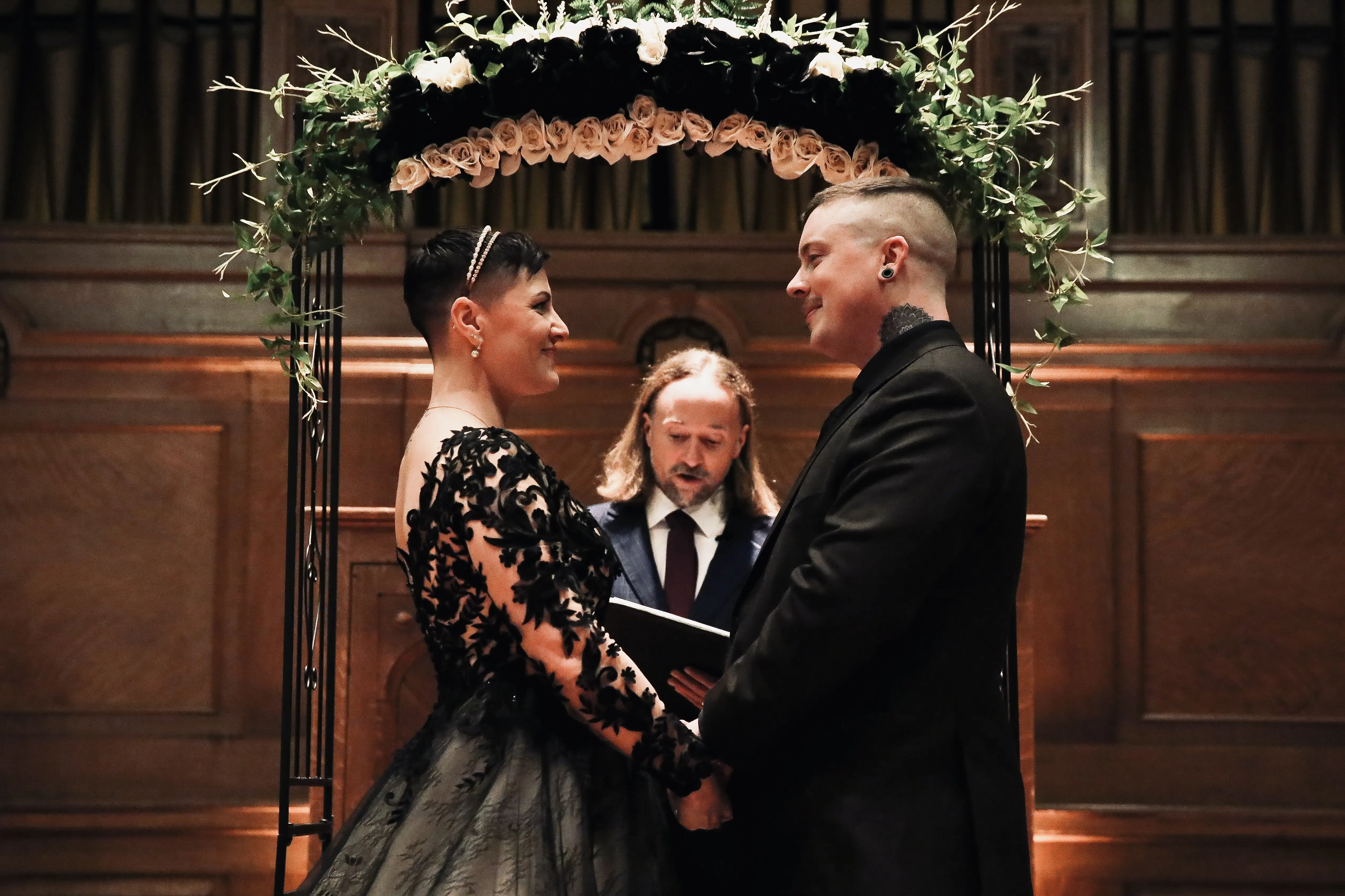 Groom At Altar With Bride In Black Wedding Dress Named Zander By Sottero and Midgley