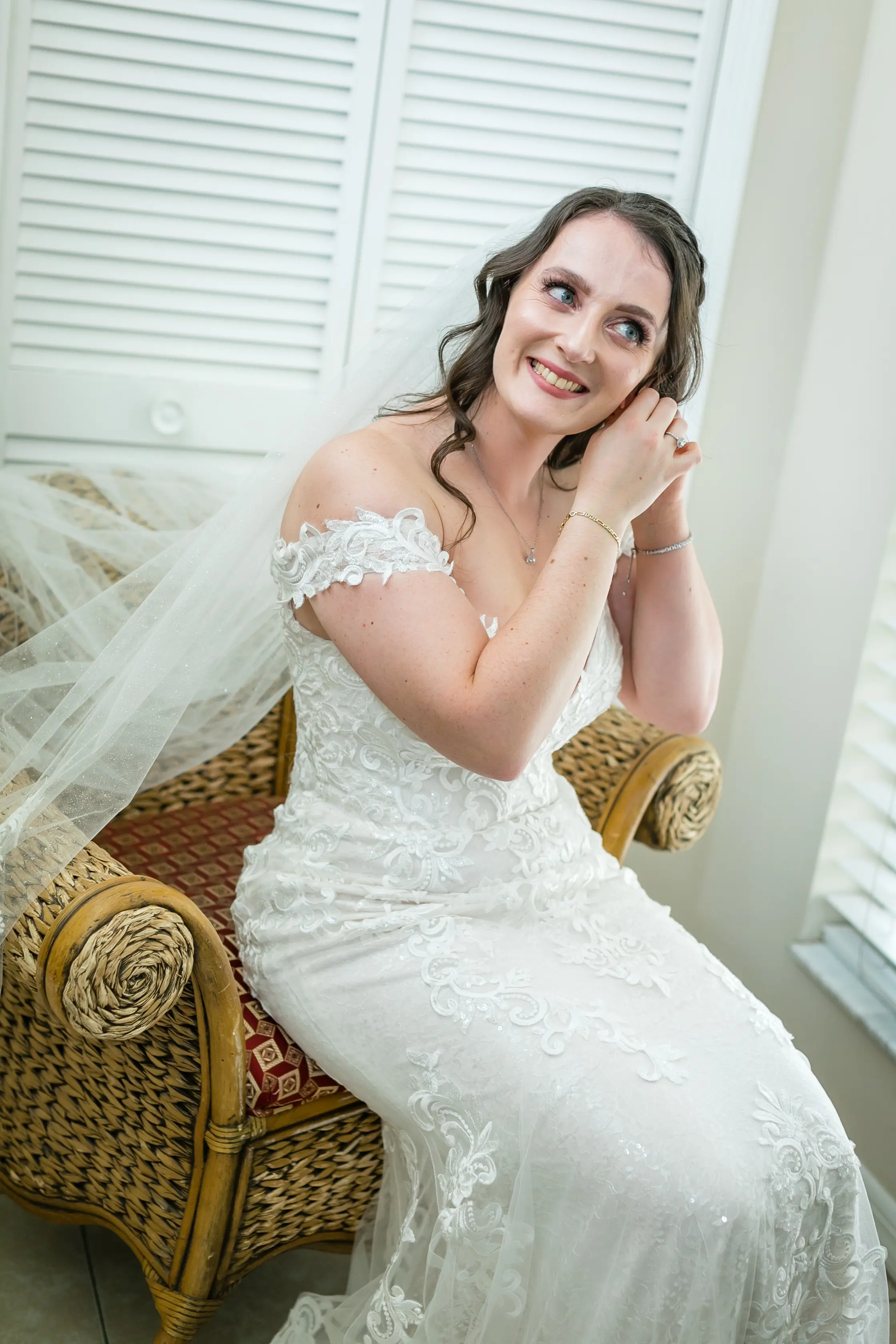 Bride In Off The Shoulder Lace Wedding Dress Called Edison By Maggie Sottero