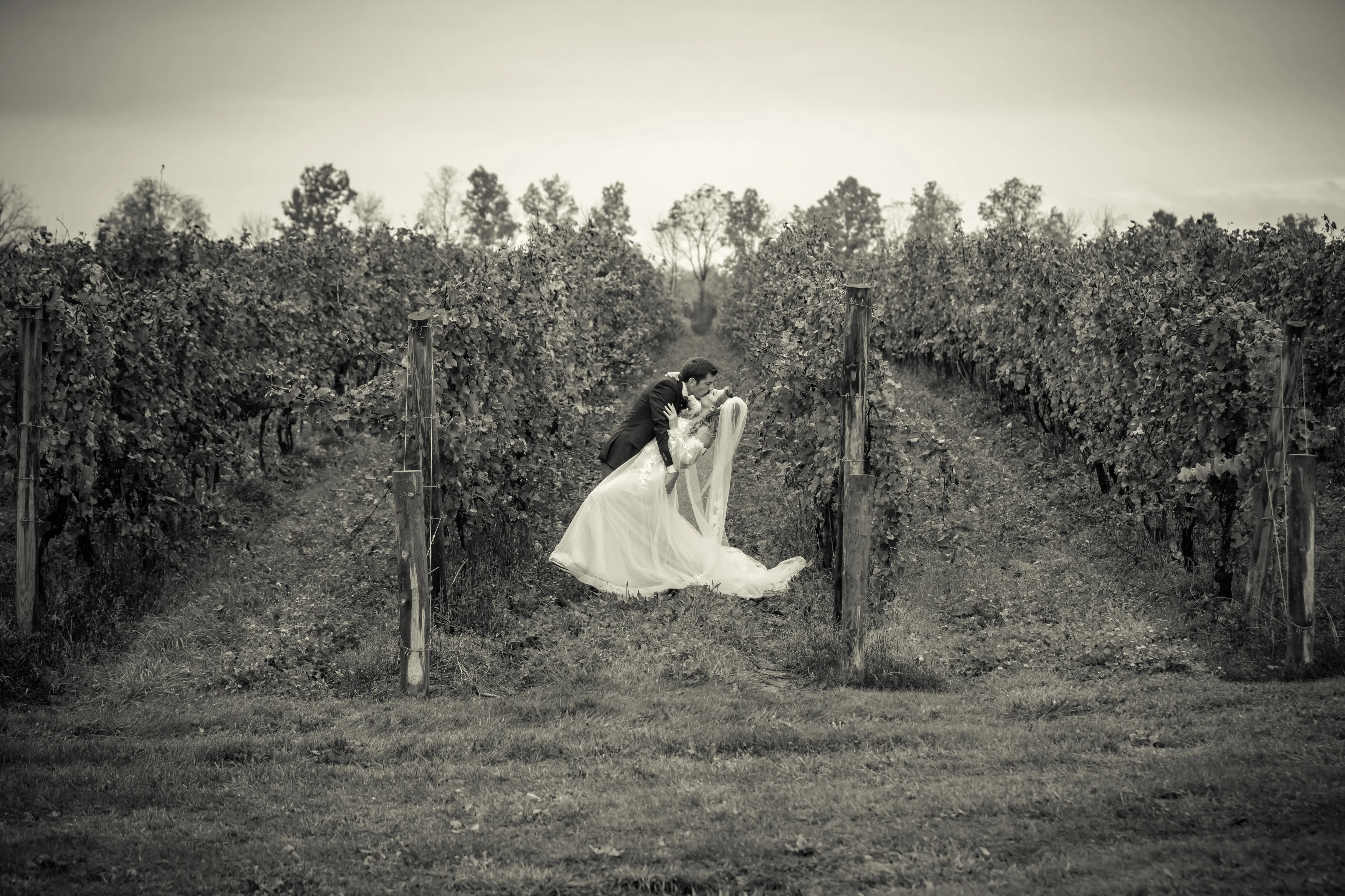 Bride Wearing Boho A-Line Wedding Dress Called Stevie By Maggie Sottero With Groom In A Vineyard