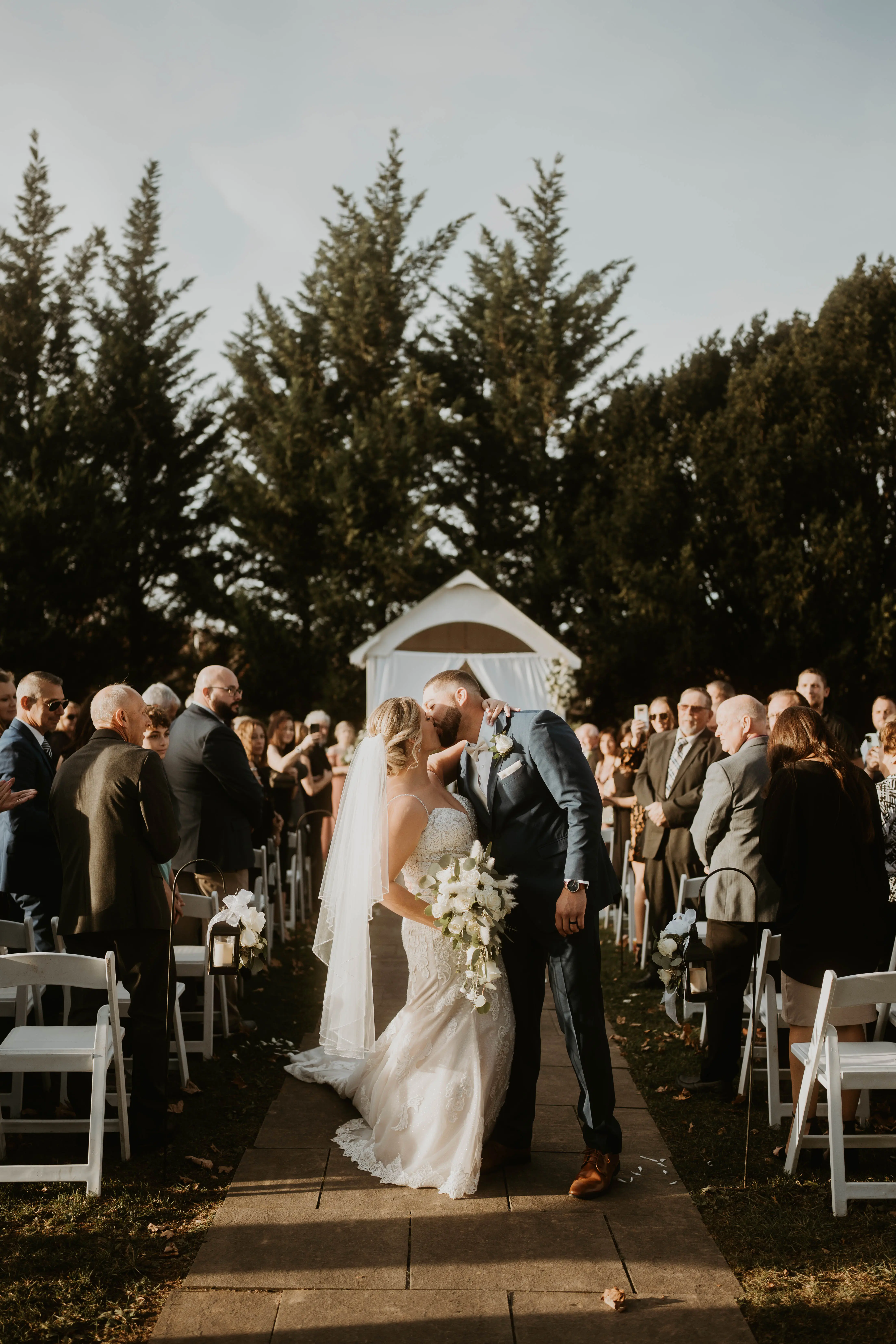 Real bride in sparkly lace fit-and-flare bridal gown called Fiona by Maggie Sottero