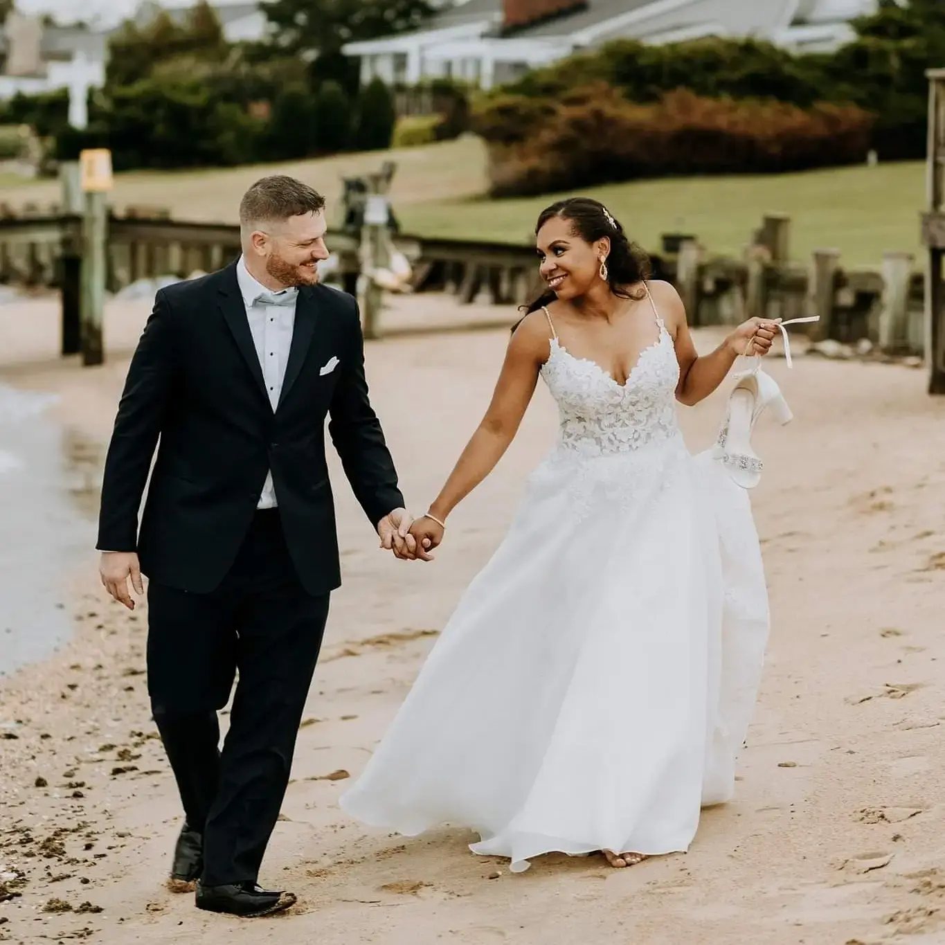 Groom and Bride at a Beach Wedding Wearing Lace Aline Wedding Dress called Savannah by Maggie Sottero