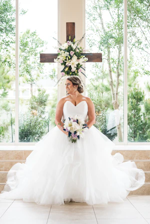 Real Bride in Strapless Tiered Wedding Dress Named Yasmin by Maggie Sottero