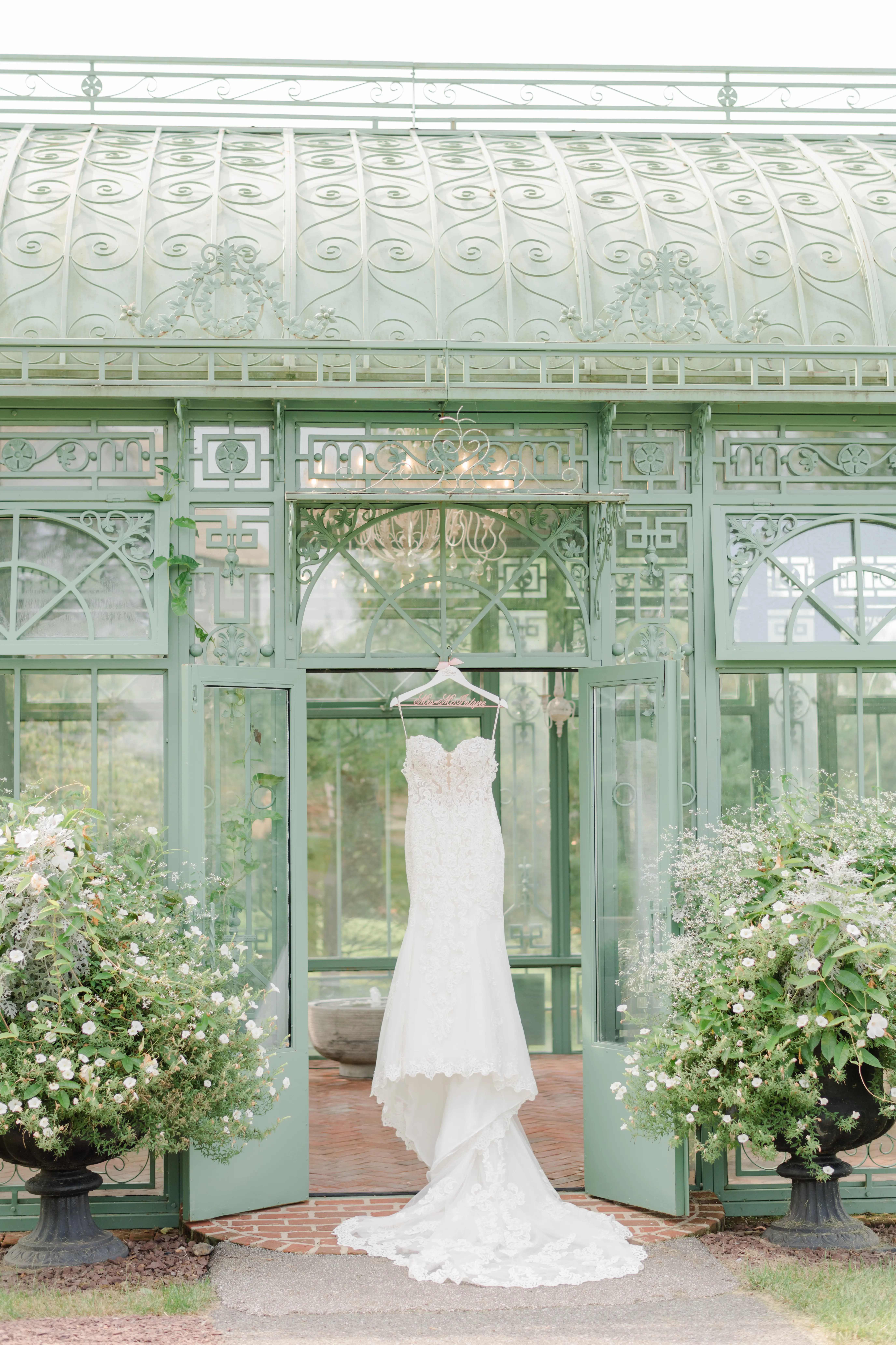 Real bride's sparkly lace fit-and-flare bridal dress with plunging illusion sweetheart neckline called Fiona by Maggie Sottero