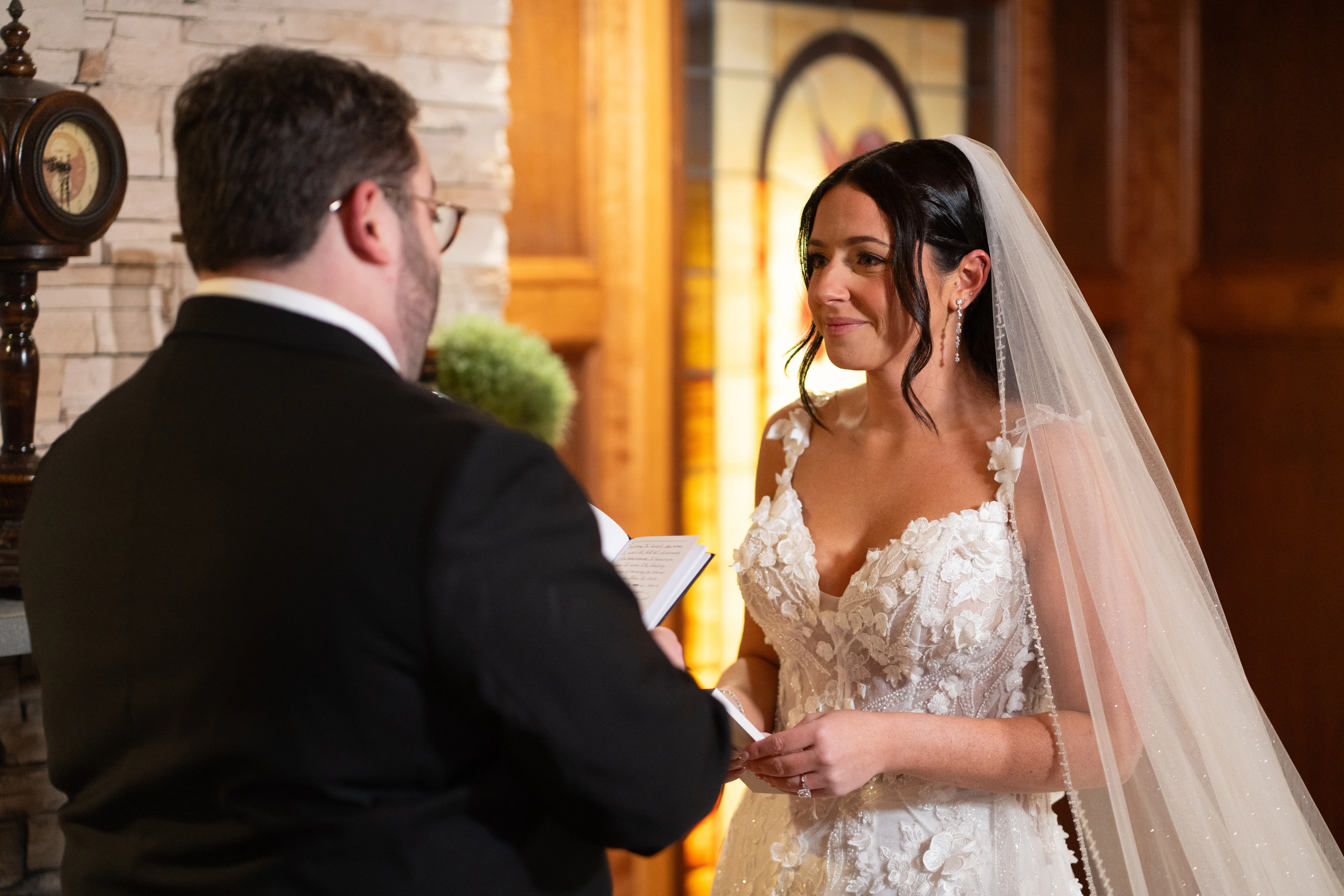 Bride Wearing Wicklow Wedding Dress By Sottero And Midgley Looking Into Grooms Eyes At The Ceremony