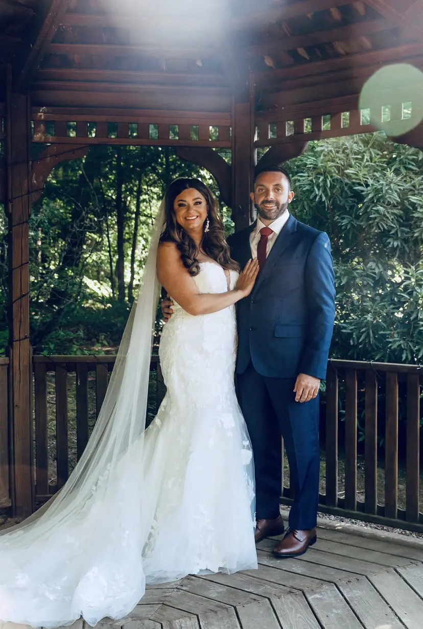 Real Bride in Strapless Mermaid Gown with Oversized Lace Called Hattie by Rebecca Ingram